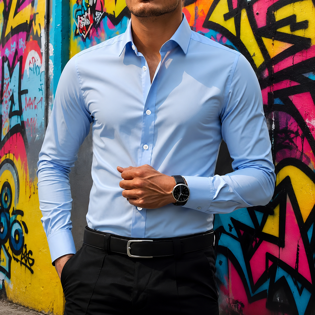 Slim Fit Stretch Long Sleeve Button Up Shirt for Men