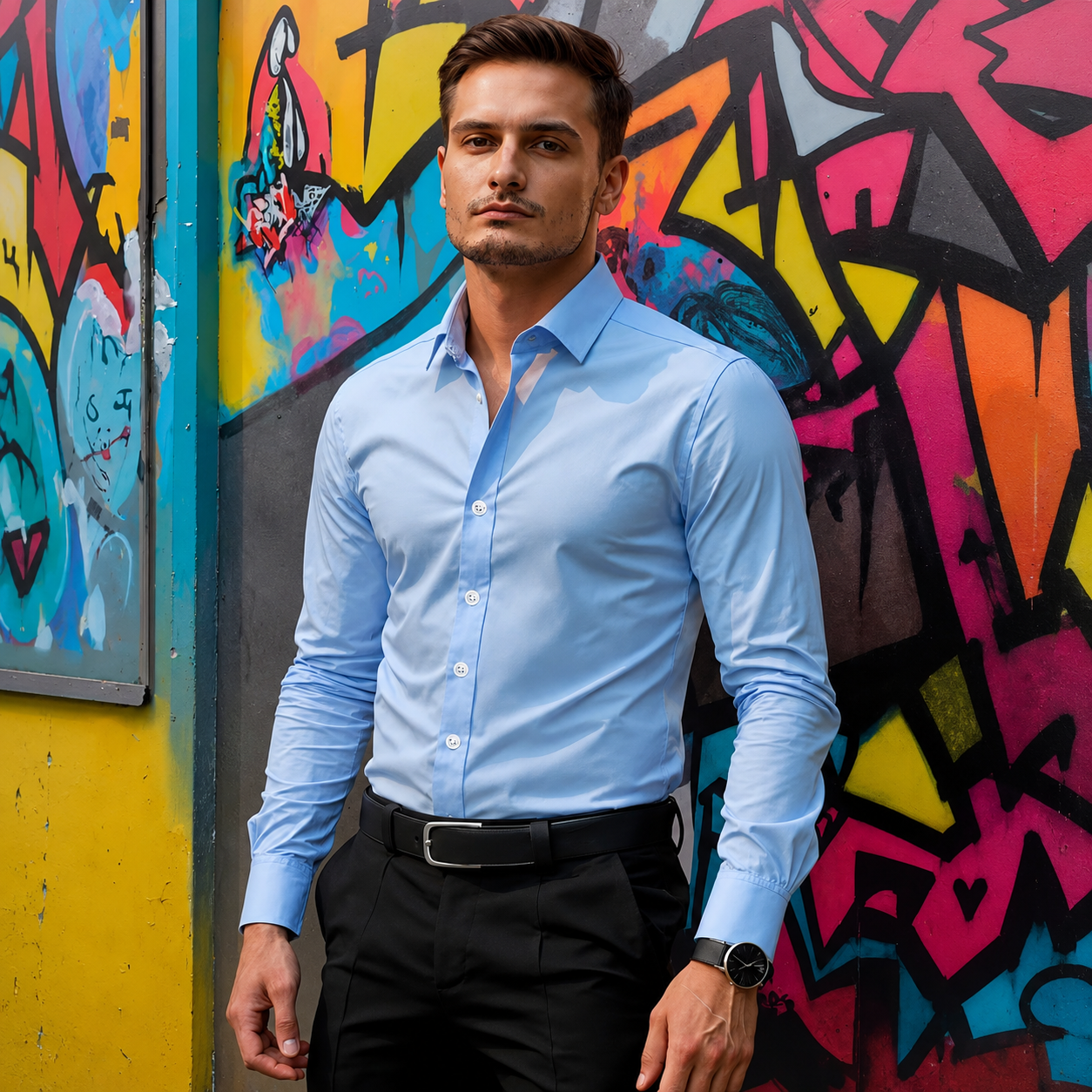 Slim Fit Stretch Long Sleeve Button Up Shirt for Men
