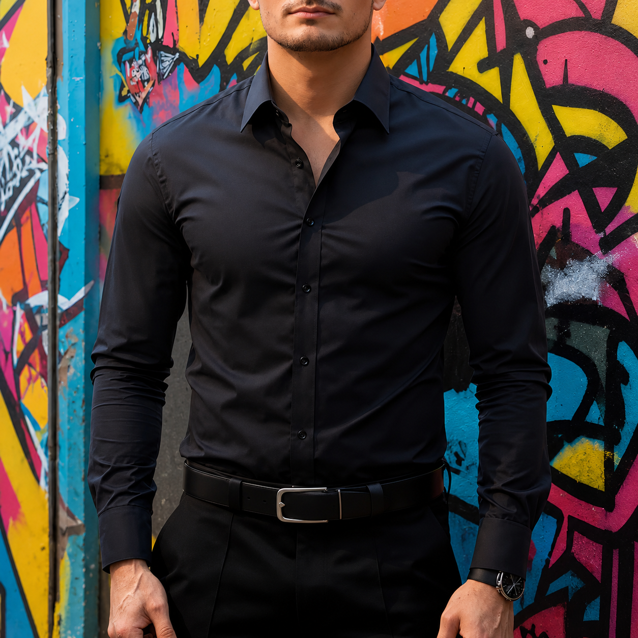 Slim Fit Stretch Long Sleeve Button Up Shirt for Men