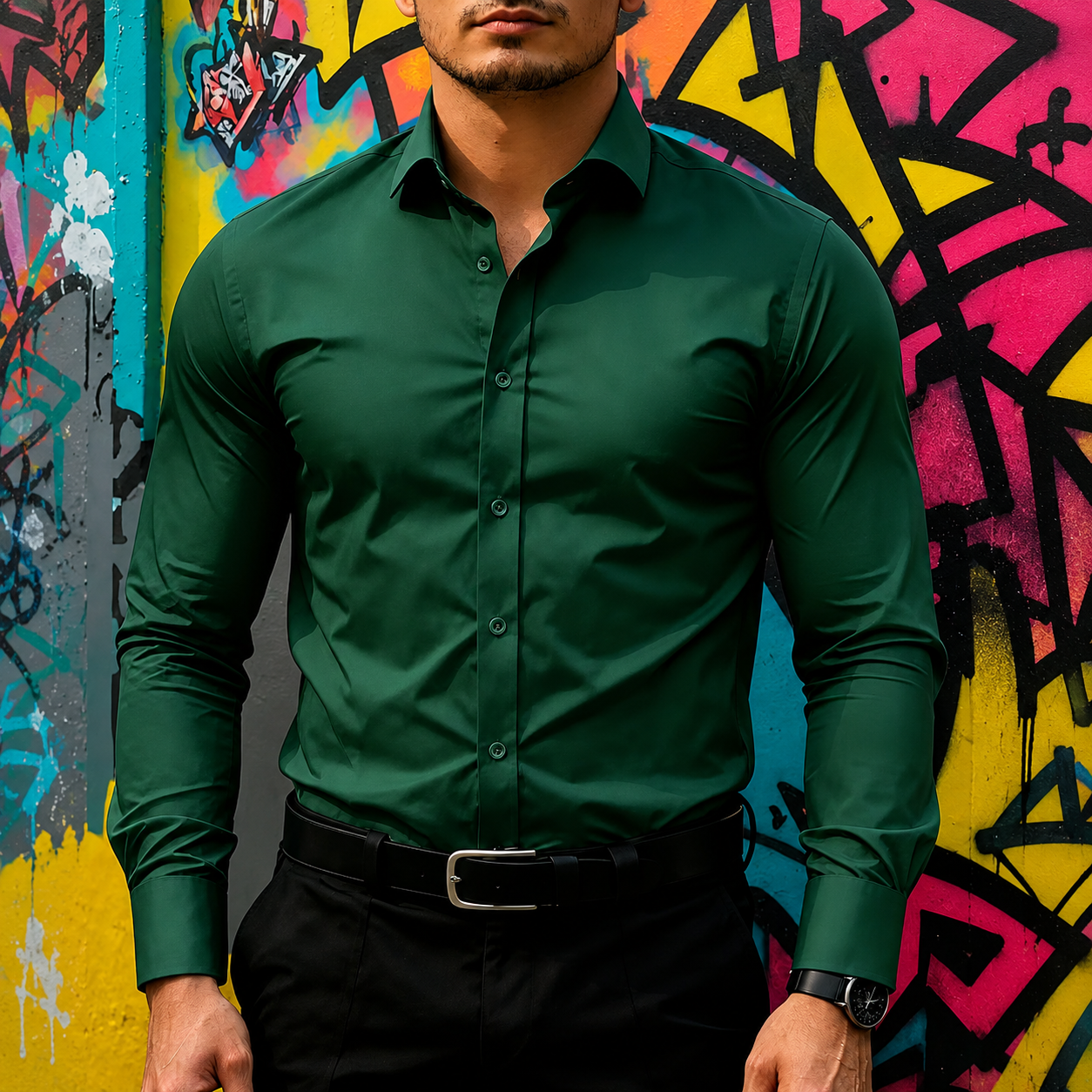 Slim Fit Stretch Long Sleeve Button Up Shirt for Men