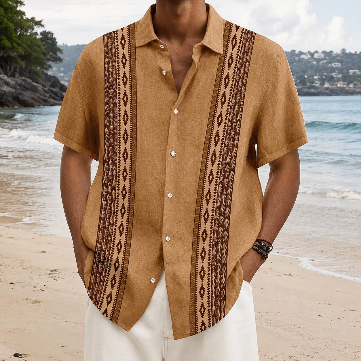 Geometric Ethnic Themed Button Up Short Sleeve Shirt