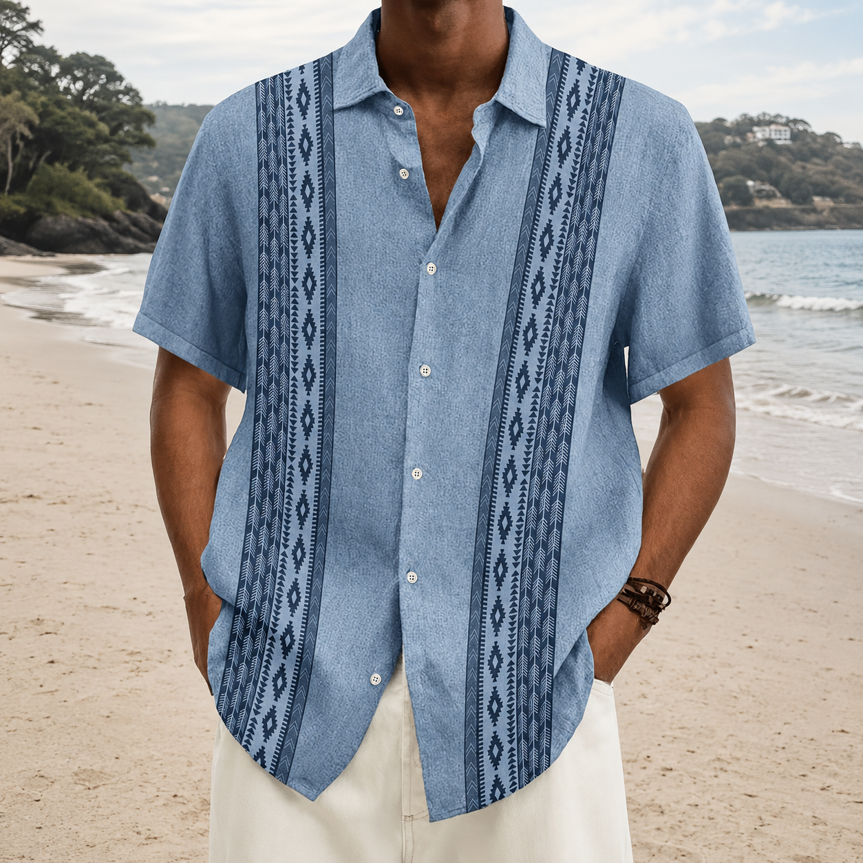 Geometric Ethnic Themed Button Up Short Sleeve Shirt