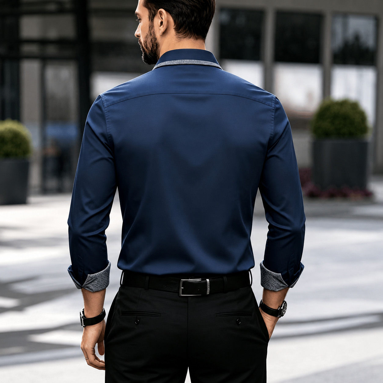 Contrast Trim Button Up Long Sleeve Business Shirt for Men