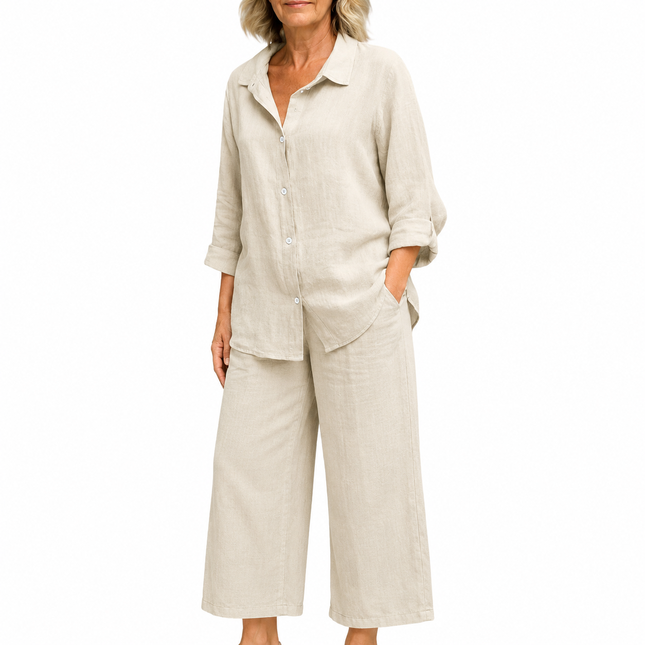 Summer Linen Matching Outfit With Wide Pants For Women