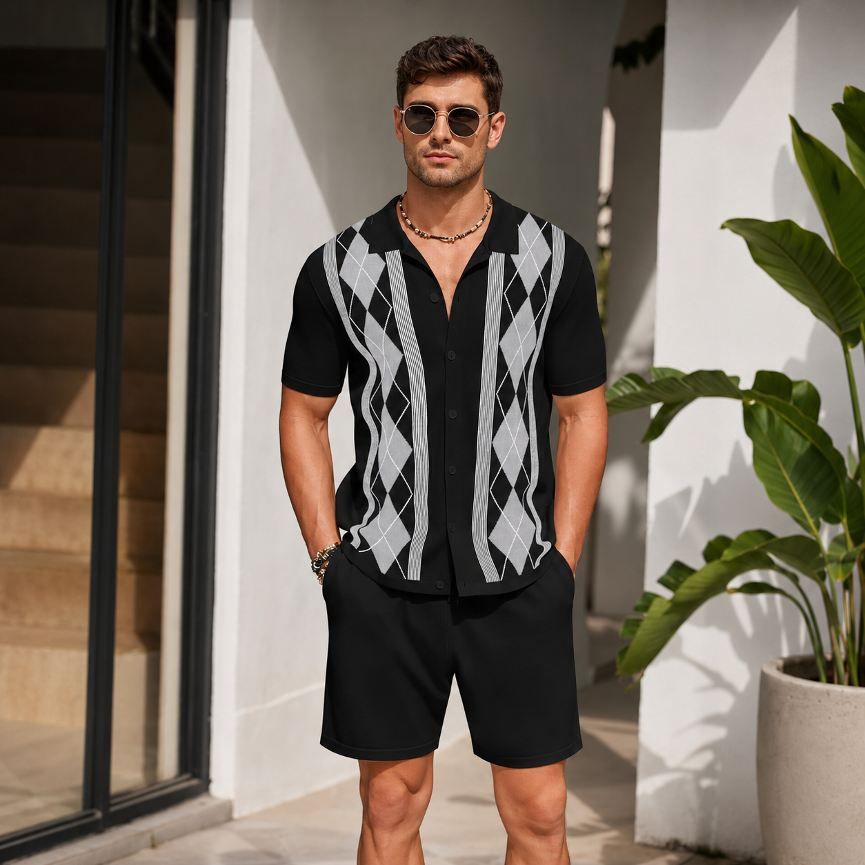 2 Pieces Short Sleeve Button Down Knit Polo Shirts And Short Set For Men
