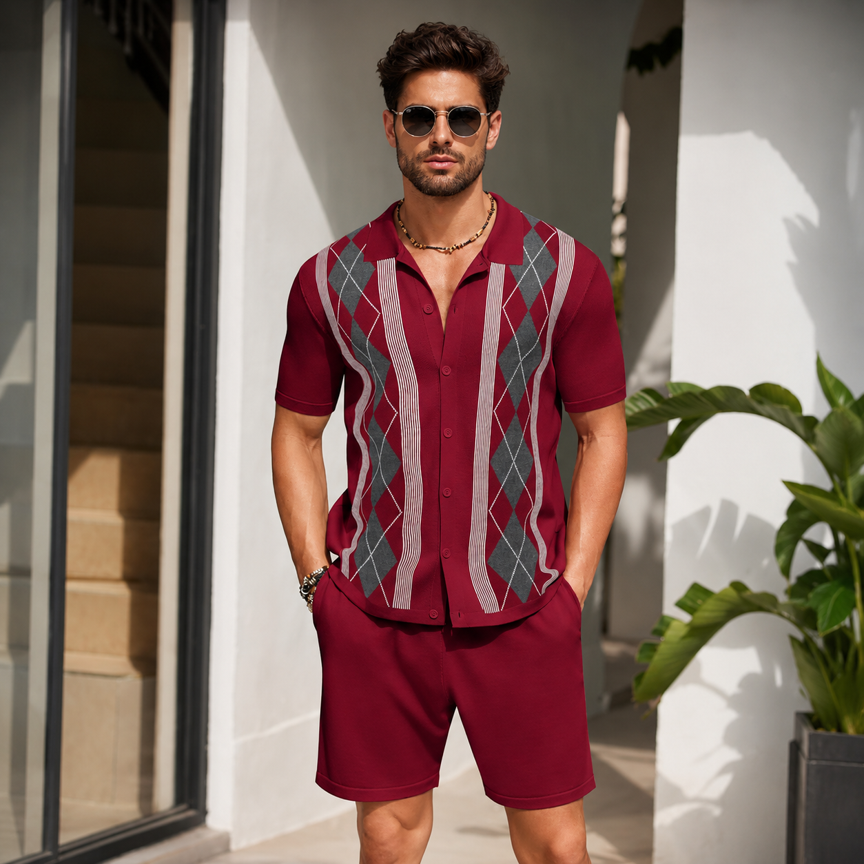 2 Pieces Short Sleeve Button Down Knit Polo Shirts And Short Set For Men