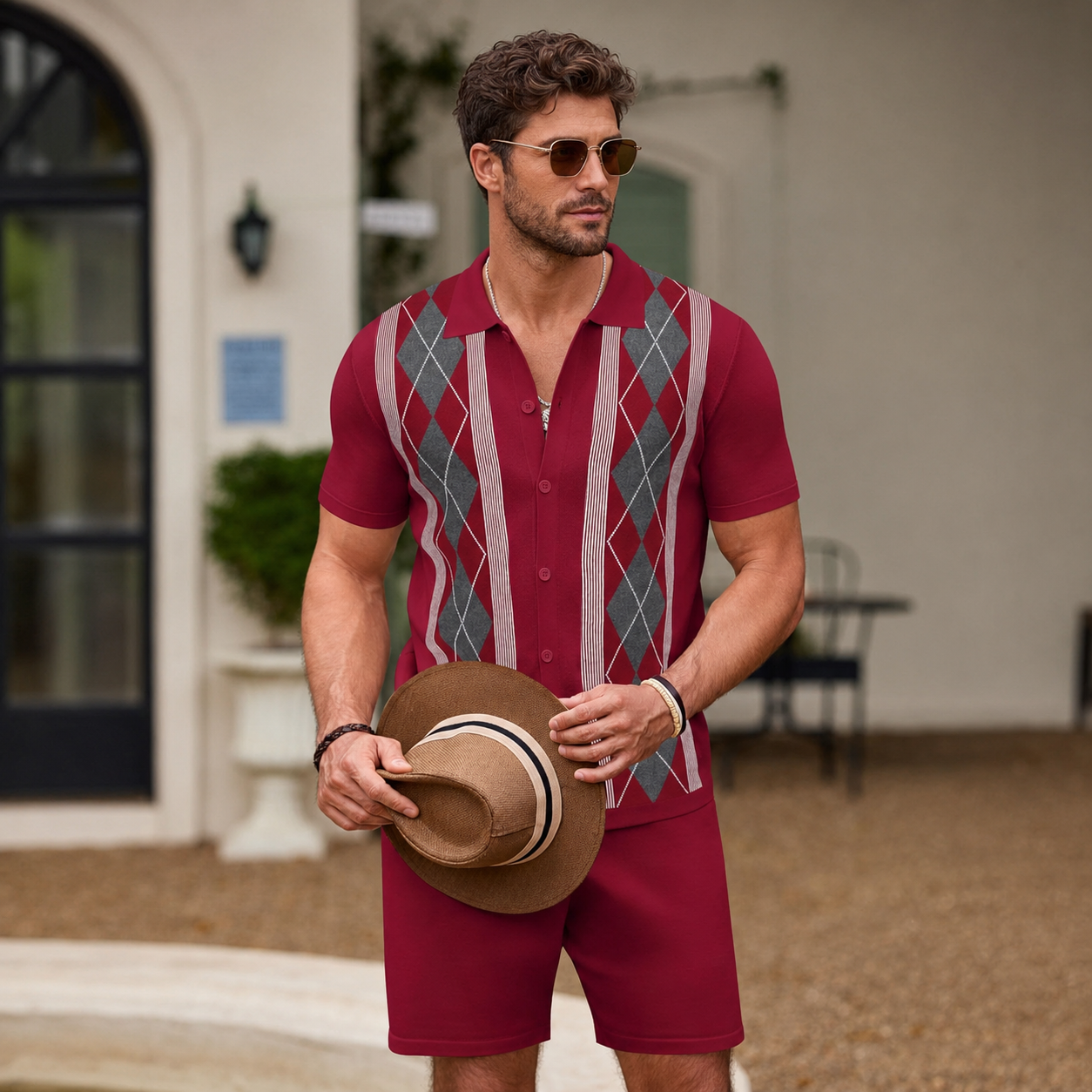 2 Pieces Short Sleeve Button Down Knit Polo Shirts And Short Set For Men