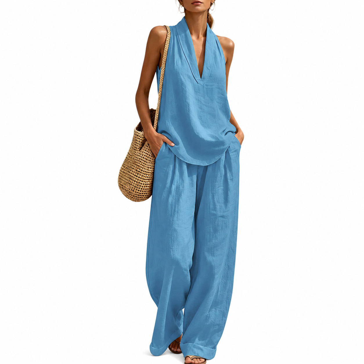 Sleeveless Halter Lounge Set for Women with Flowy Pants