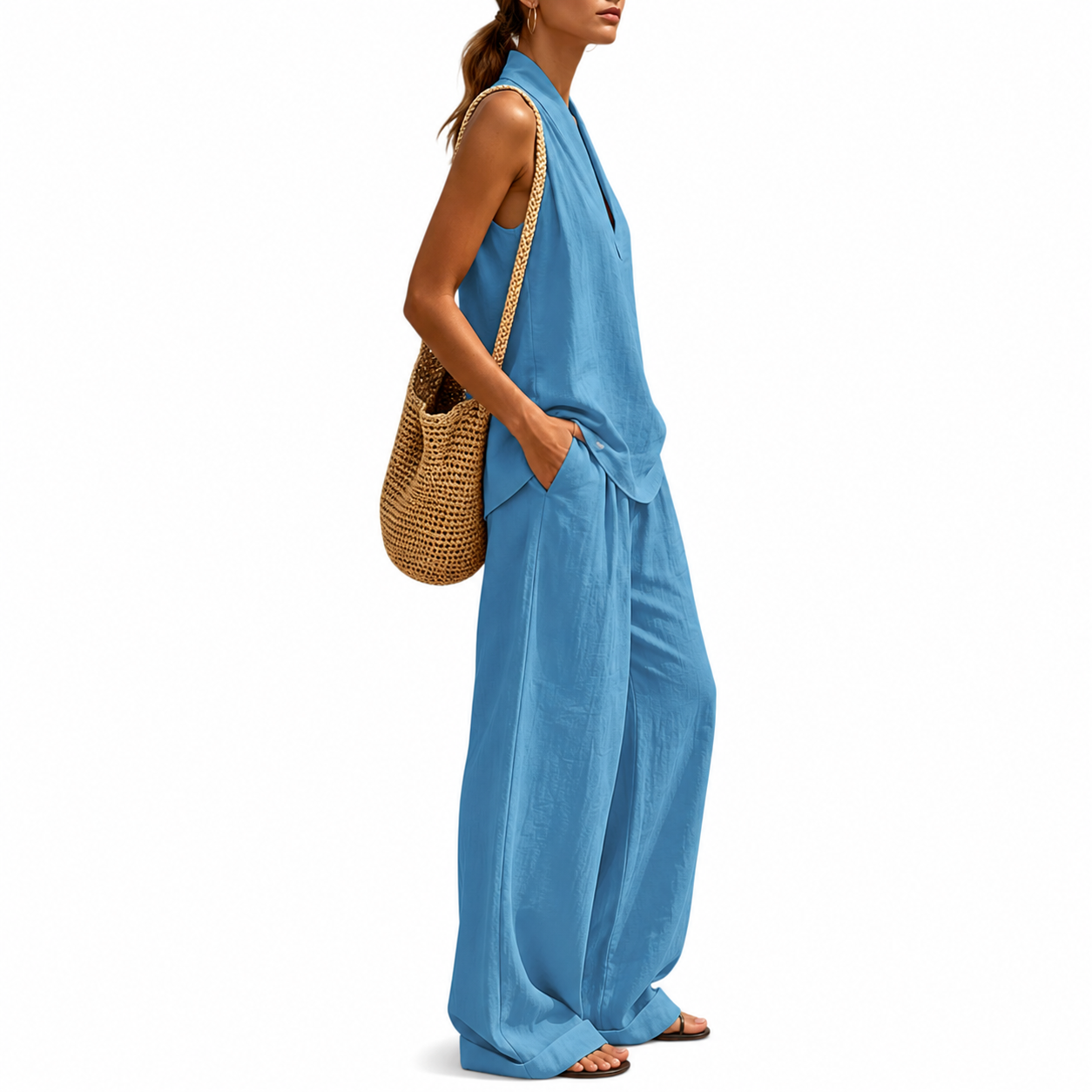 Sleeveless Halter Lounge Set for Women with Flowy Pants