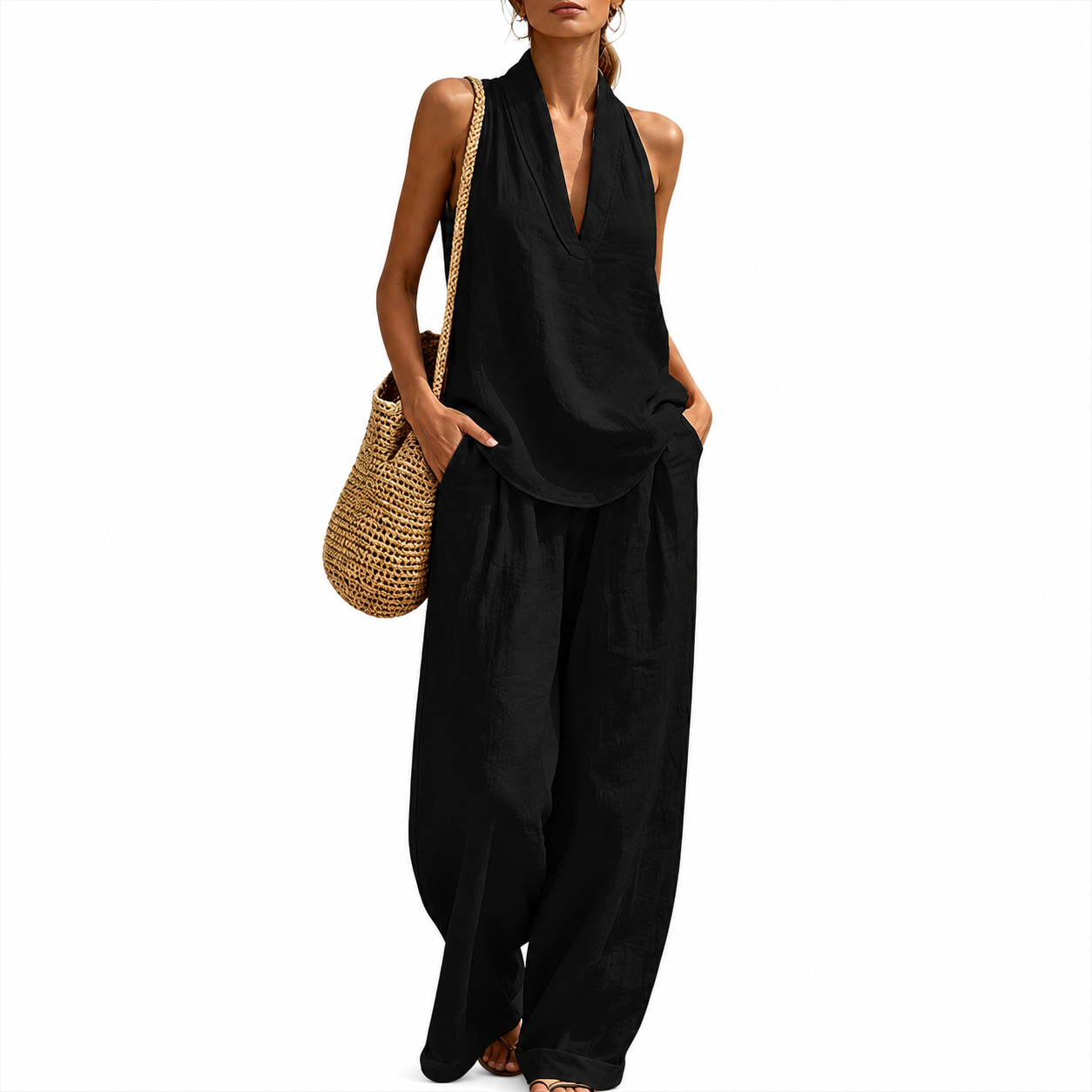 Sleeveless Halter Lounge Set for Women with Flowy Pants