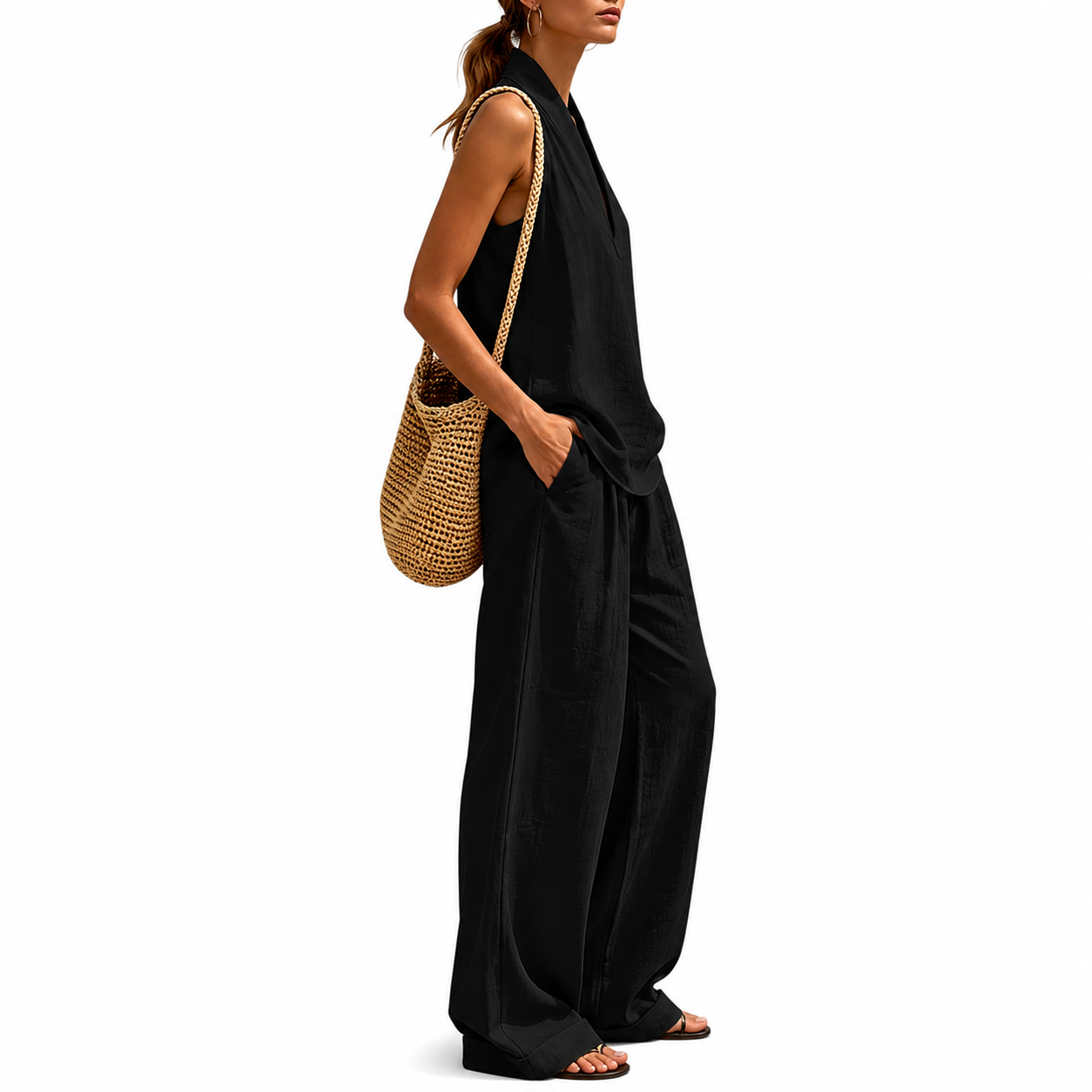 Sleeveless Halter Lounge Set for Women with Flowy Pants