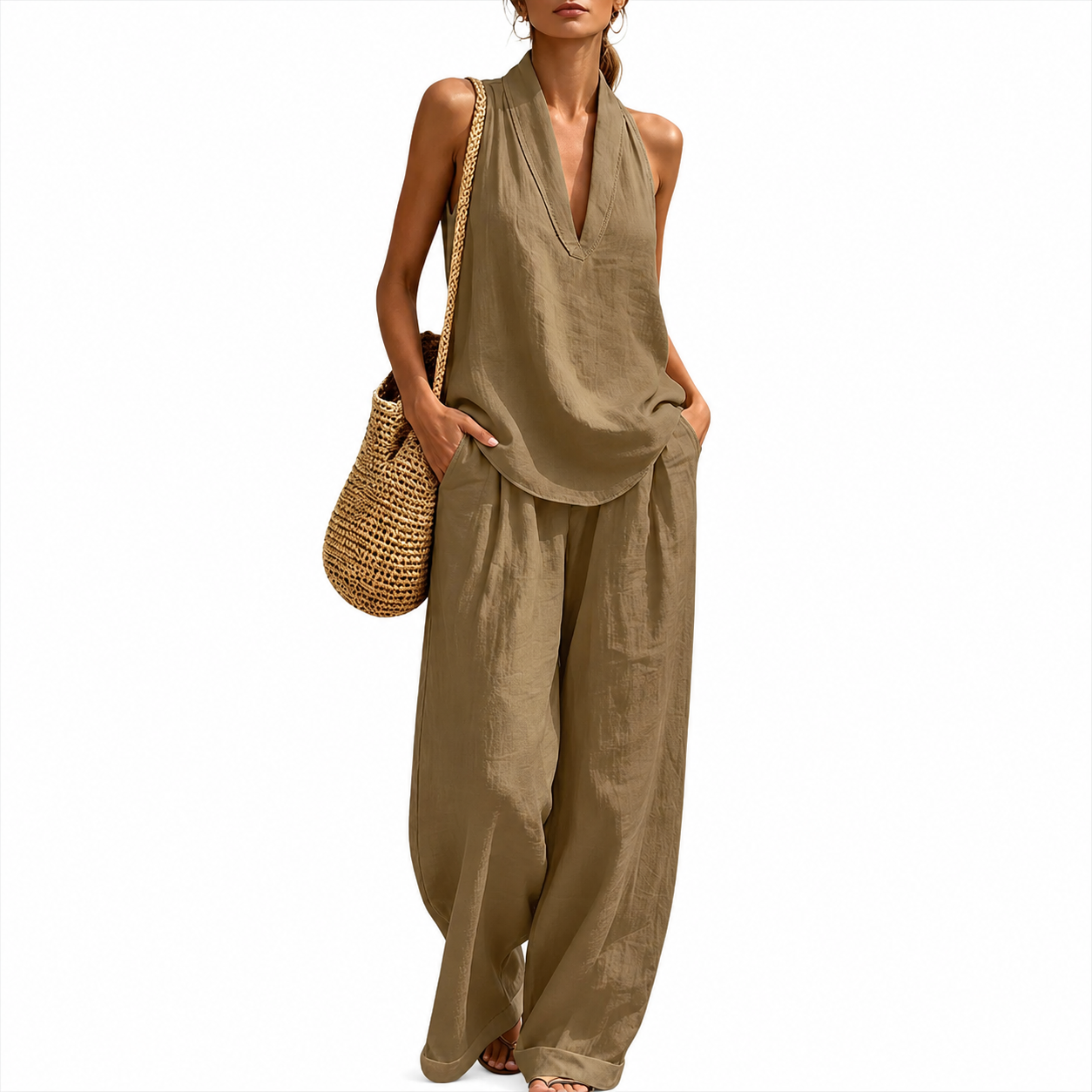 Sleeveless Halter Lounge Set for Women with Flowy Pants