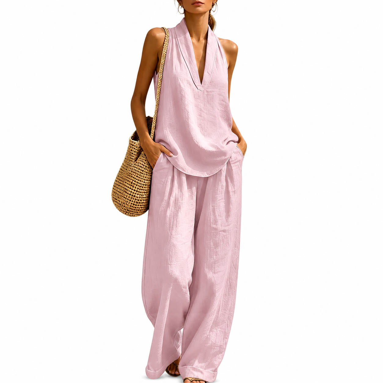 Sleeveless Halter Lounge Set for Women with Flowy Pants