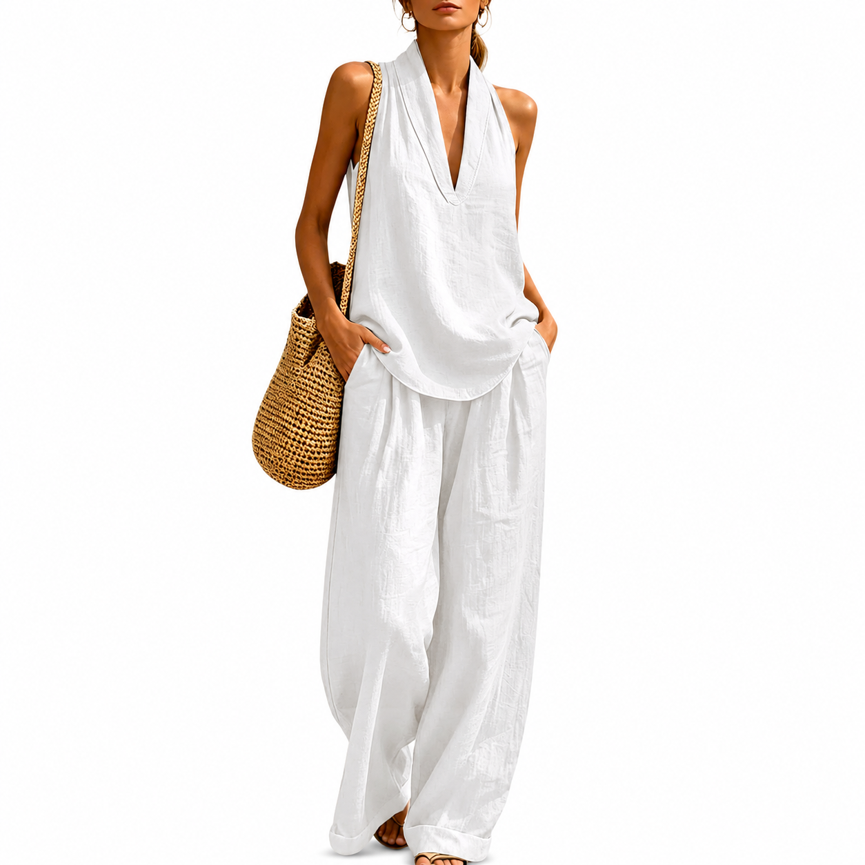 Sleeveless Halter Lounge Set for Women with Flowy Pants