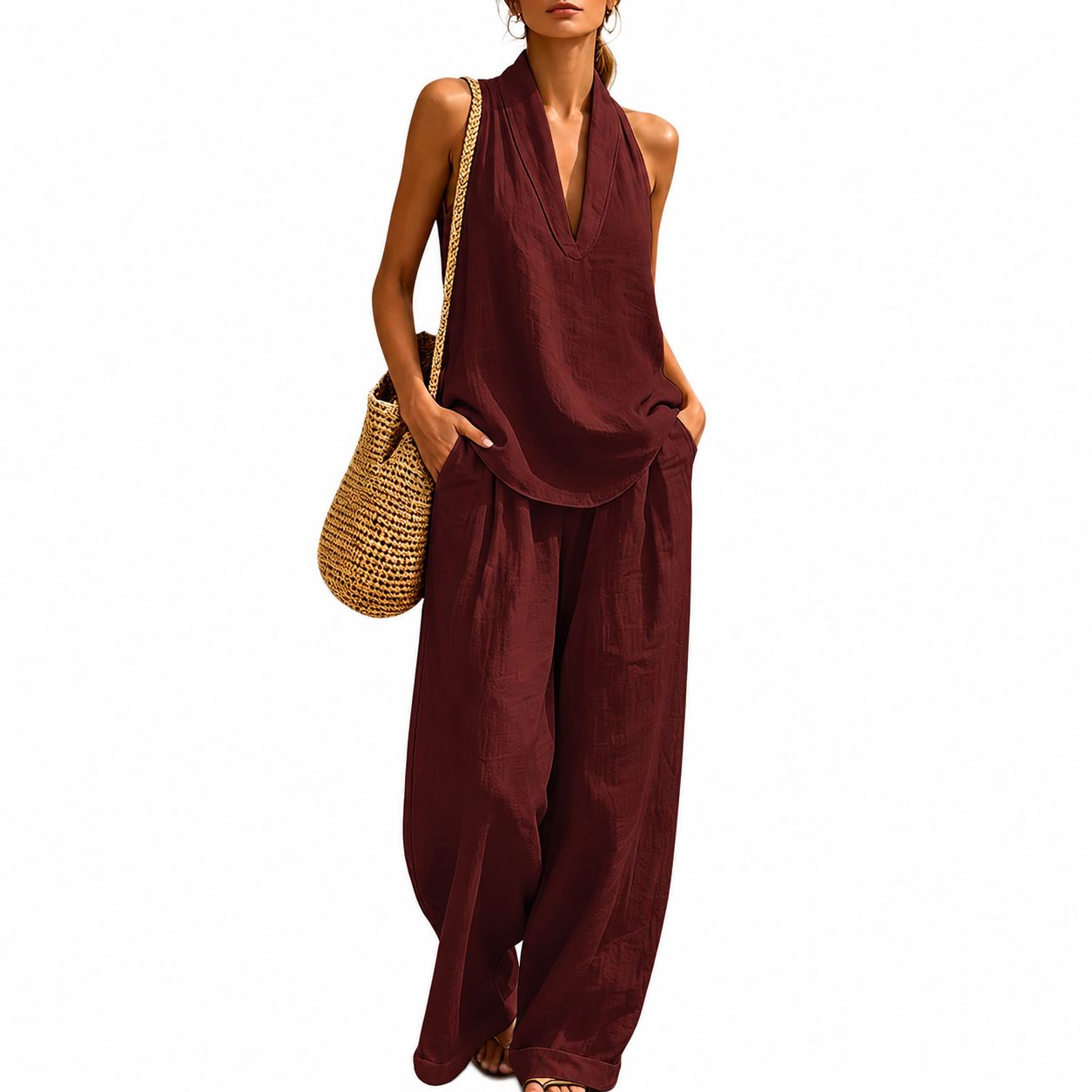 Sleeveless Halter Lounge Set for Women with Flowy Pants