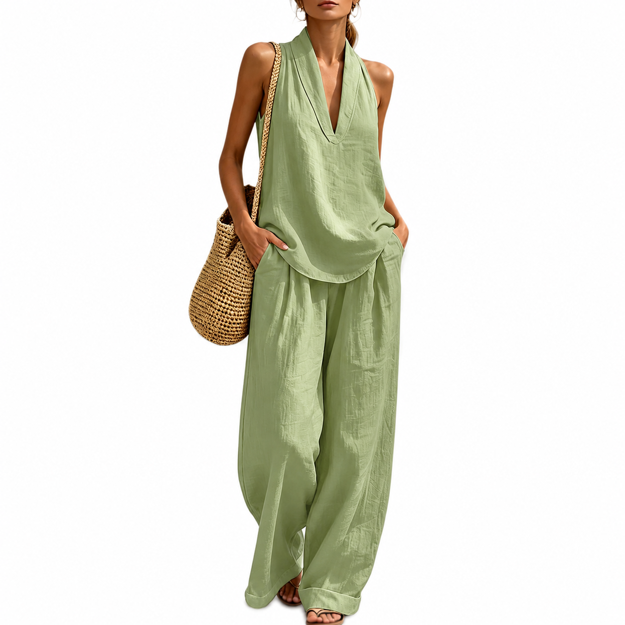 Sleeveless Halter Lounge Set for Women with Flowy Pants