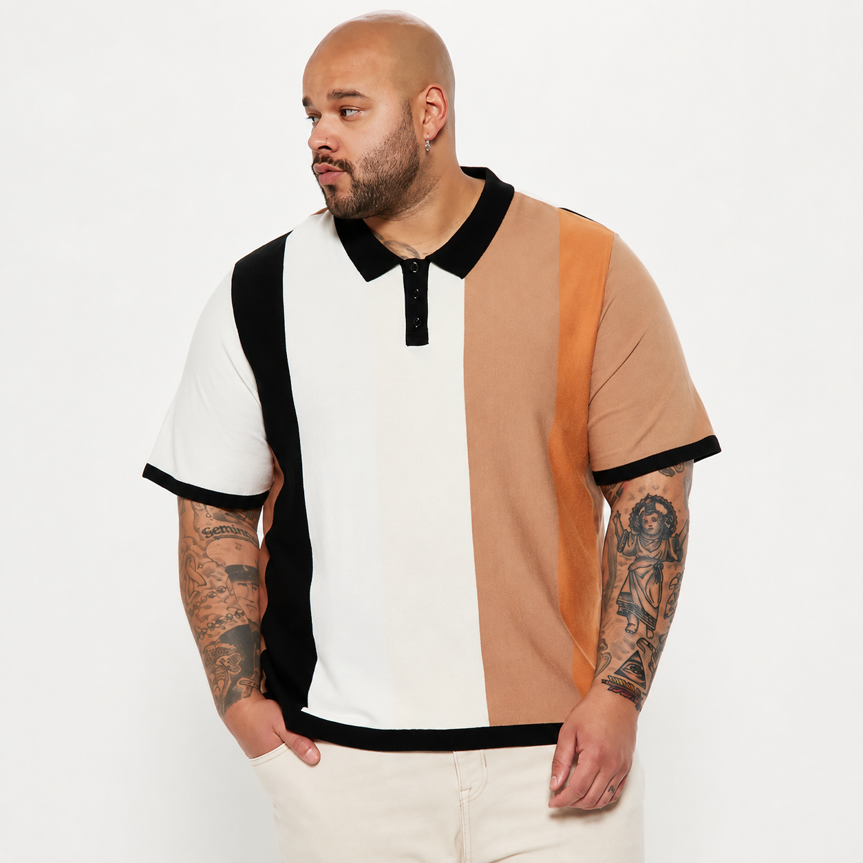 Modern Panel Design Short Sleeve Knit Polo T Shirt for Men