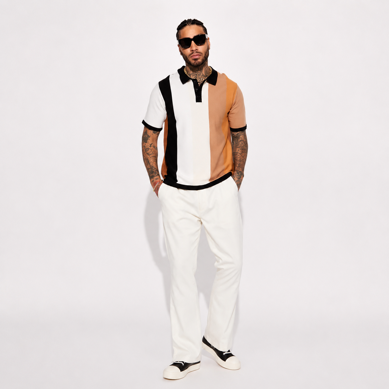 Modern Panel Design Short Sleeve Knit Polo T Shirt for Men