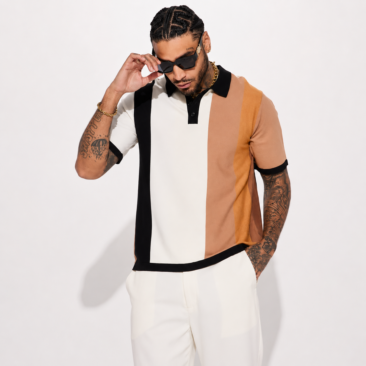 Modern Panel Design Short Sleeve Knit Polo T Shirt for Men