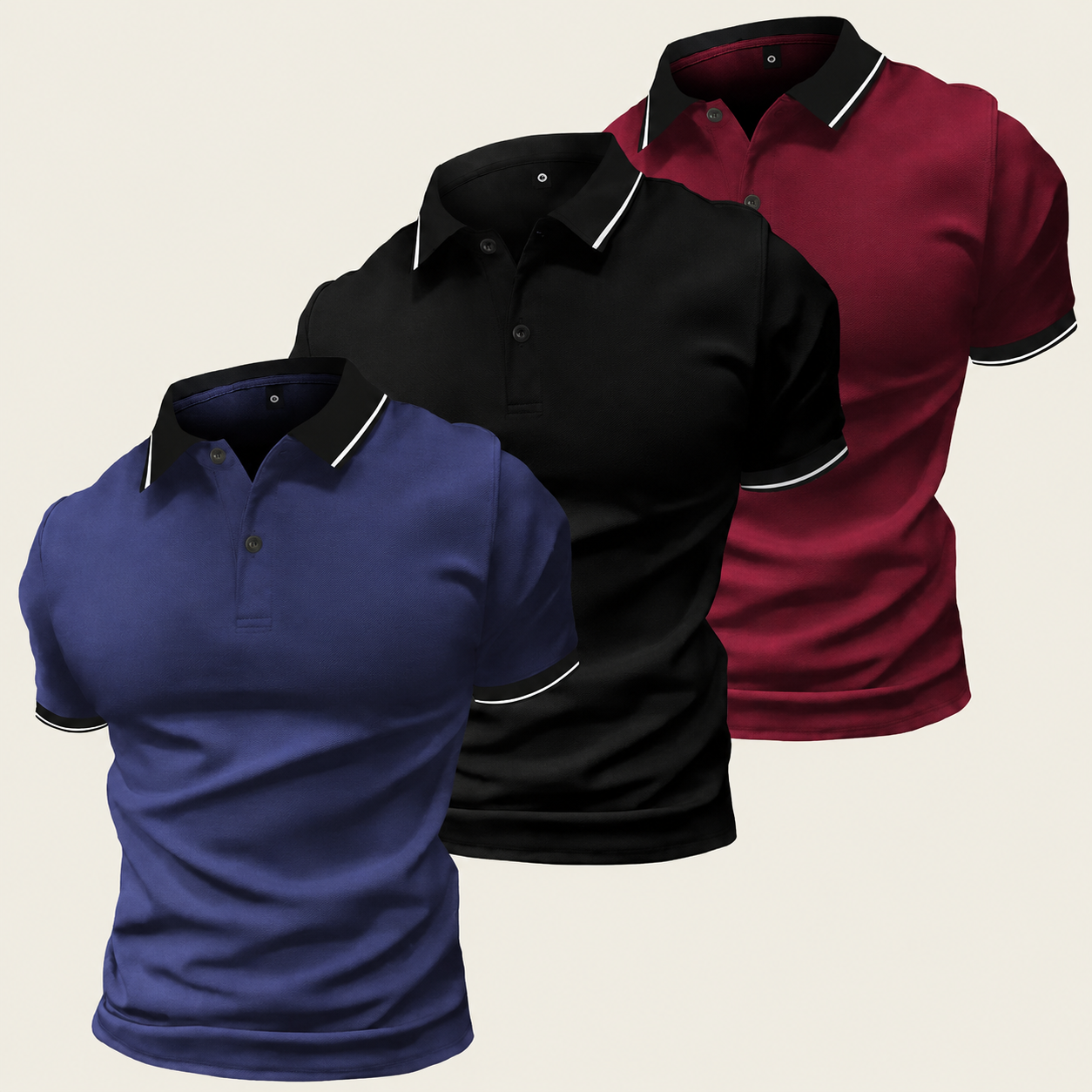 Pack of 3 Short Sleeve Polo T Shirts with Contrast Trim for Men