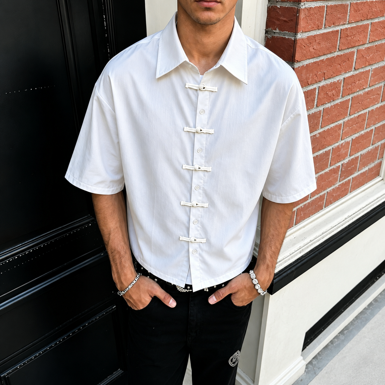 Box Fit Short Sleeve Collared Casual Shirt with Lightweight Fabric for Men