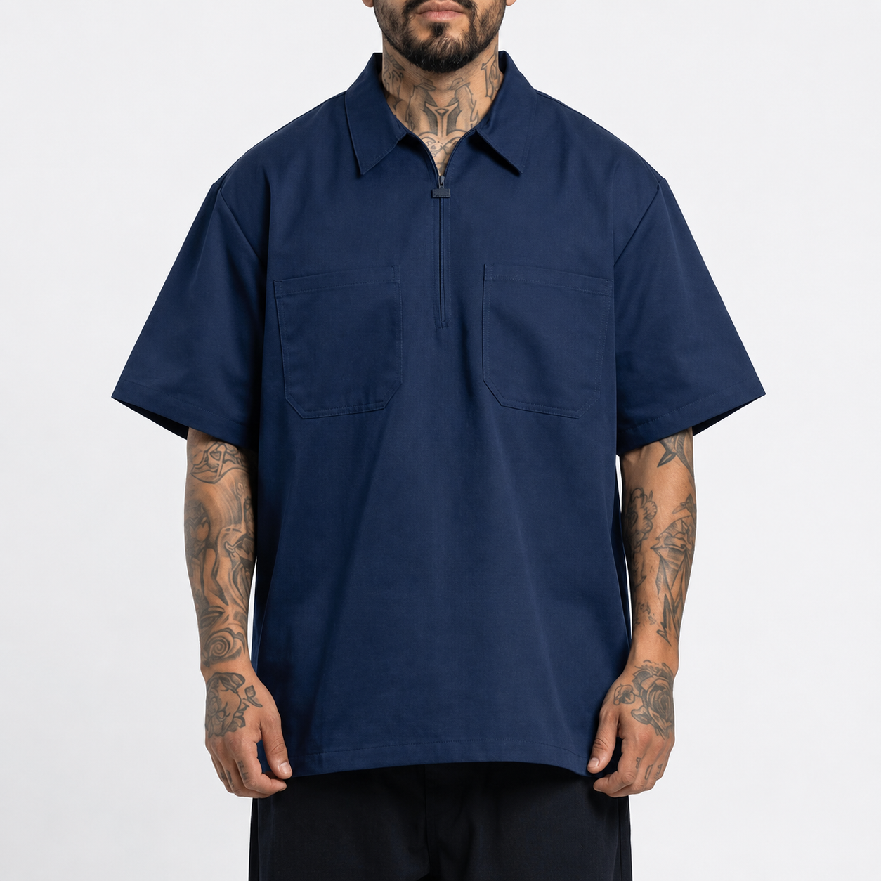 Heavyweight Half Zip Short Sleeve Work Shirt with Dual Pockets for Men