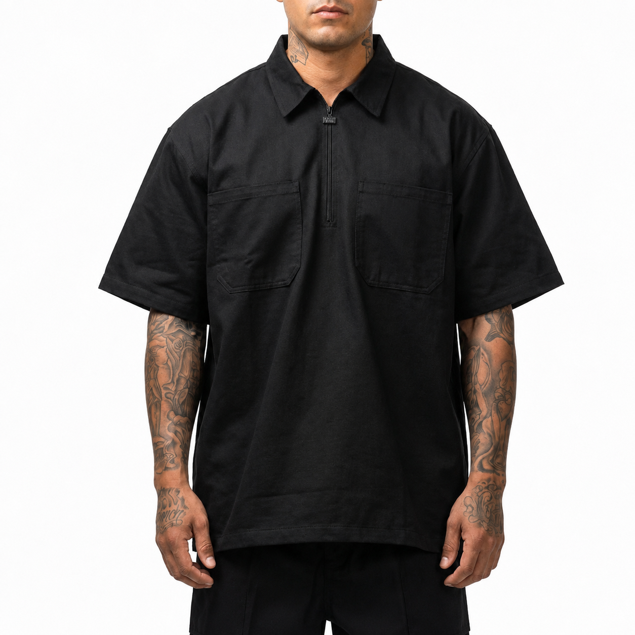 Heavyweight Half Zip Short Sleeve Work Shirt with Dual Pockets for Men