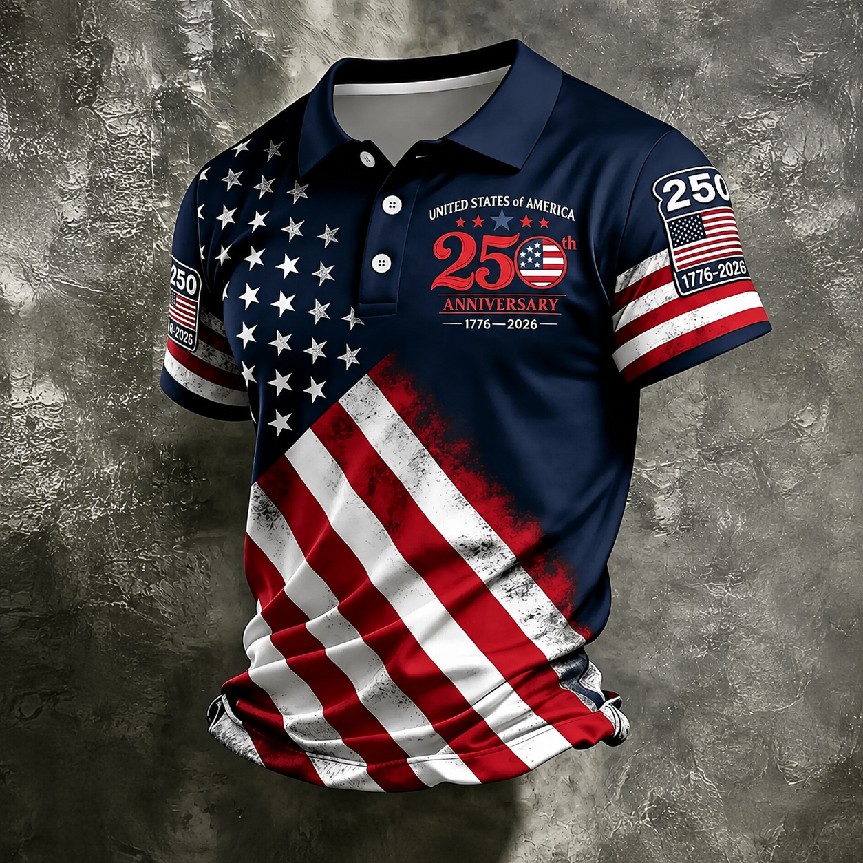 250th Anniversary American Flag Graphic Short Sleeve Polo TShirt for Men