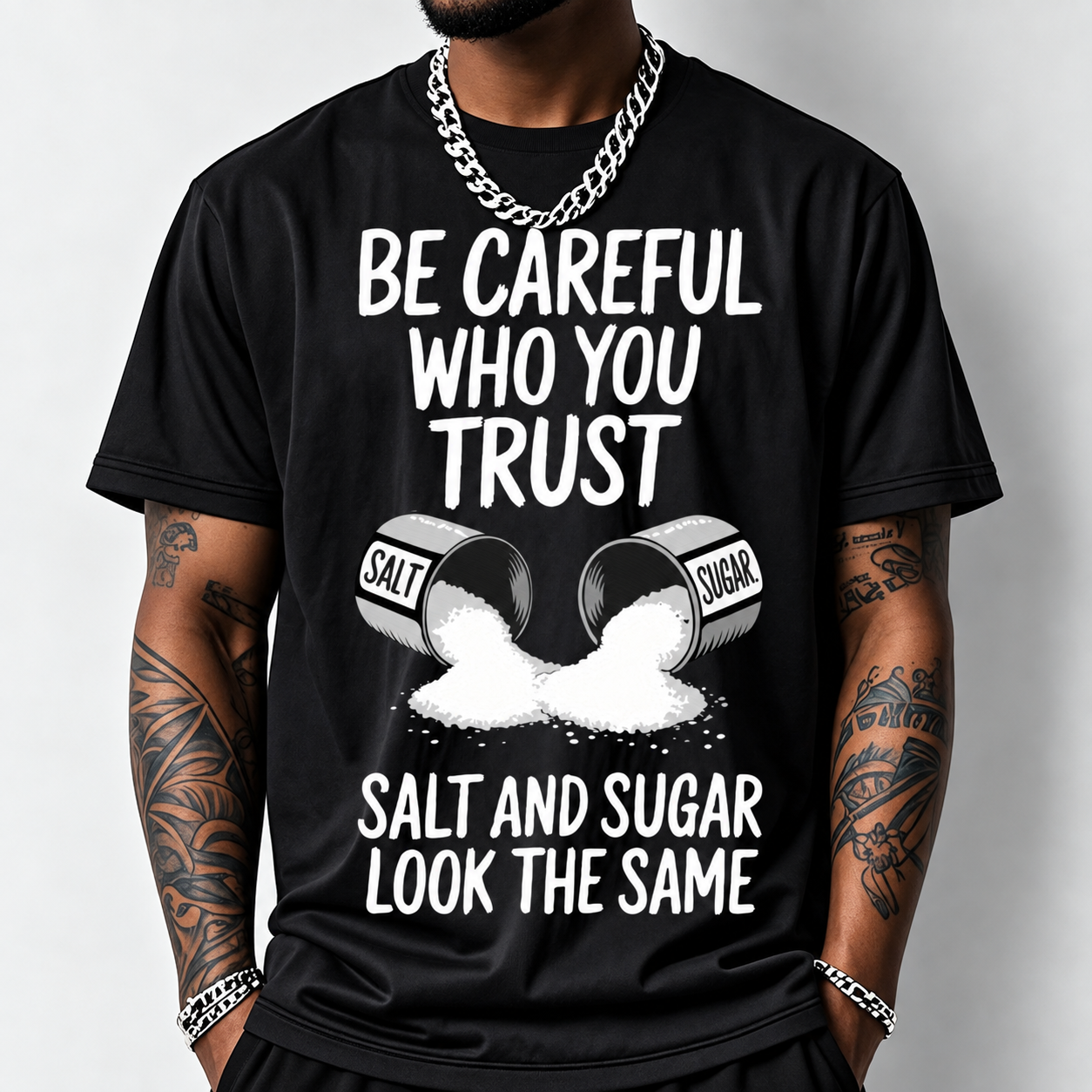 Salt And Sugar Trust Pattern Print Loose Fit Short Sleeve T Shirt For Men