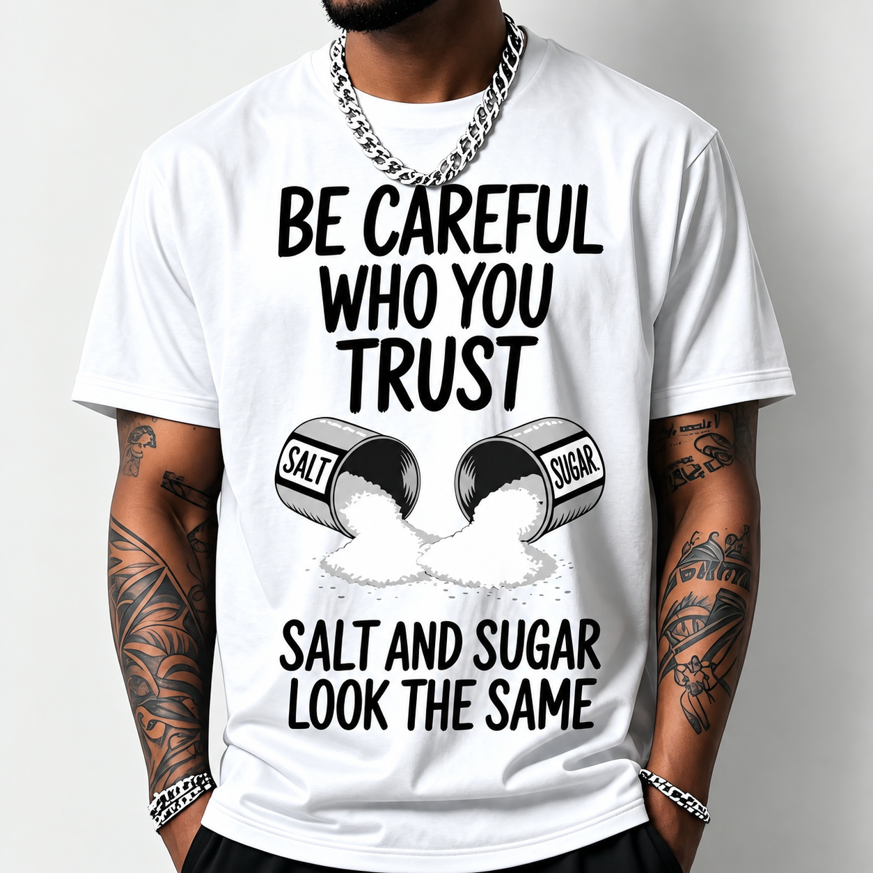 Salt And Sugar Trust Pattern Print Loose Fit Short Sleeve T Shirt For Men