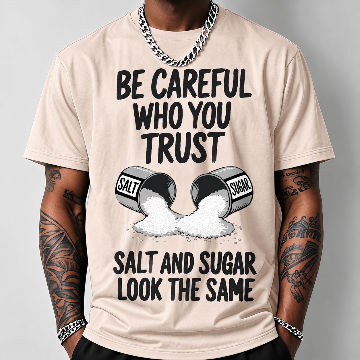 Salt And Sugar Trust Pattern Print Loose Fit Short Sleeve T Shirt For Men