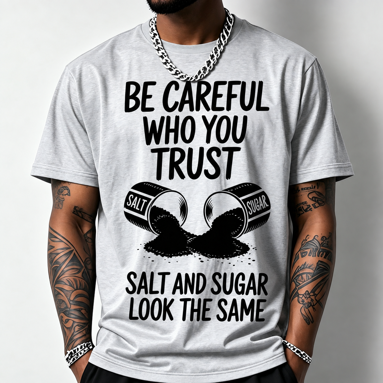Salt And Sugar Trust Pattern Print Loose Fit Short Sleeve T Shirt For Men