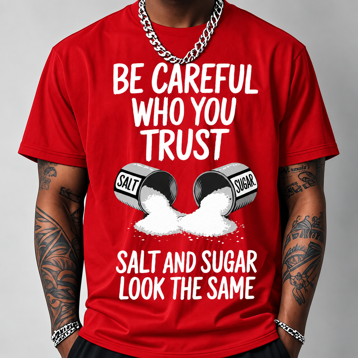 Salt And Sugar Trust Pattern Print Loose Fit Short Sleeve T Shirt For Men