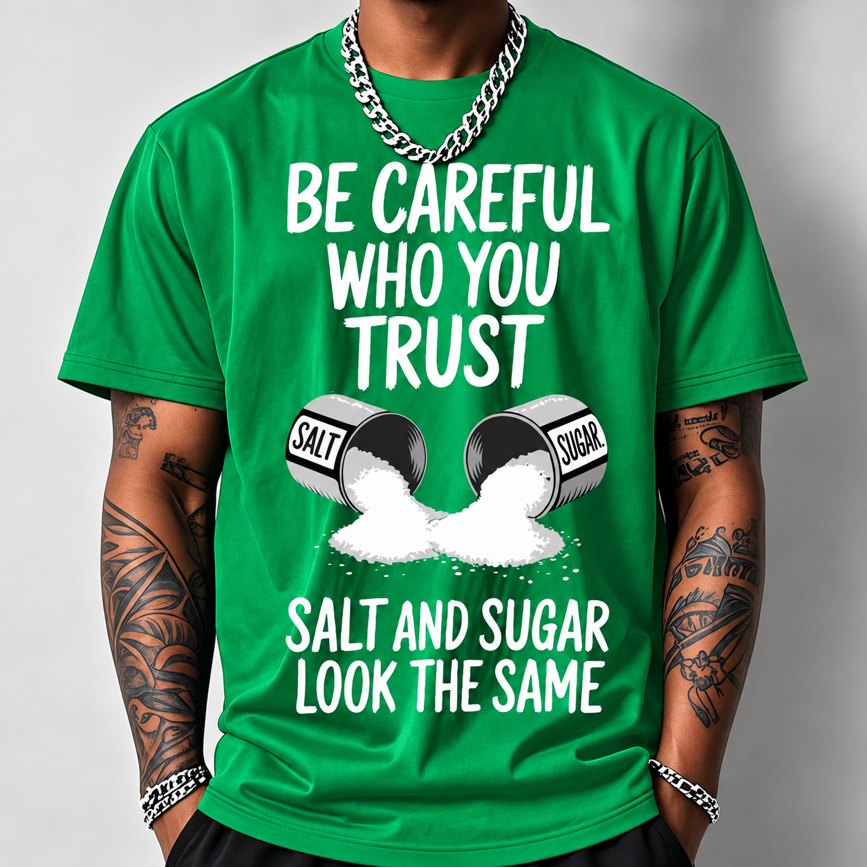Salt And Sugar Trust Pattern Print Loose Fit Short Sleeve T Shirt For Men