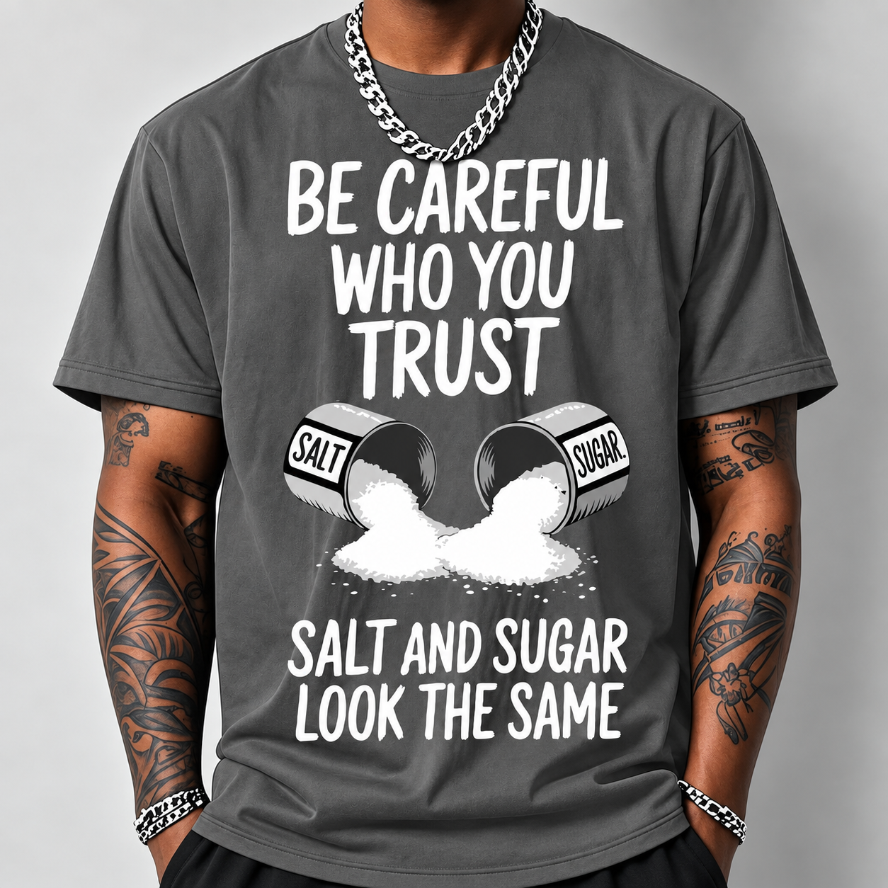 Salt And Sugar Trust Pattern Print Loose Fit Short Sleeve T Shirt For Men