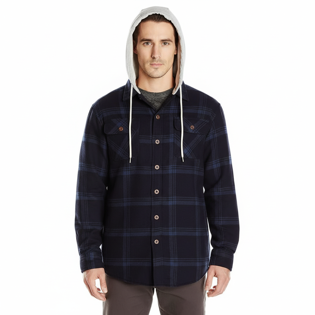 Men's Long Sleeve Quilted Lined Flannel Shirt Jacket with Hood