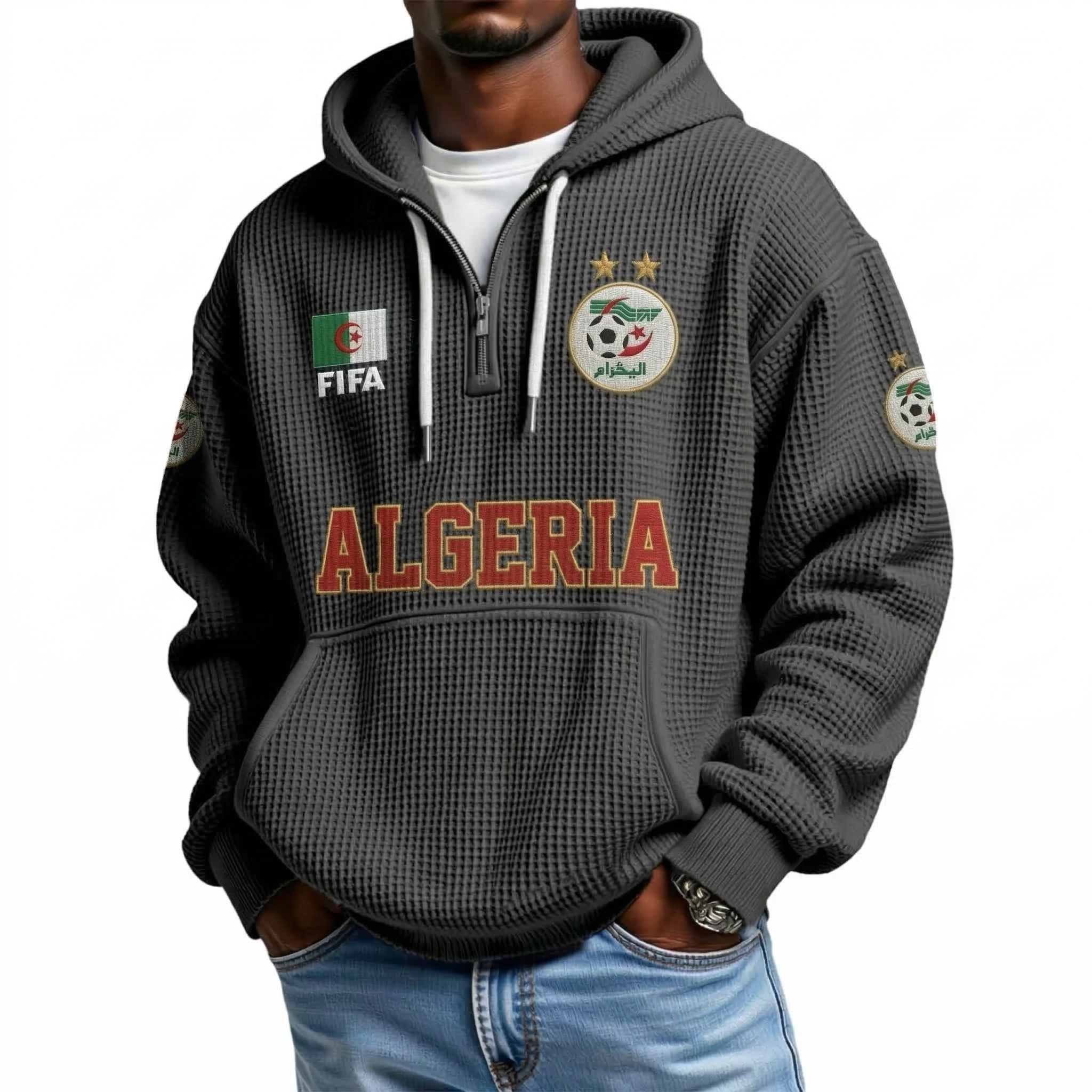FIFA 2026 Algeria Printed Waffle Quarter Zip Football Fan Hoodie