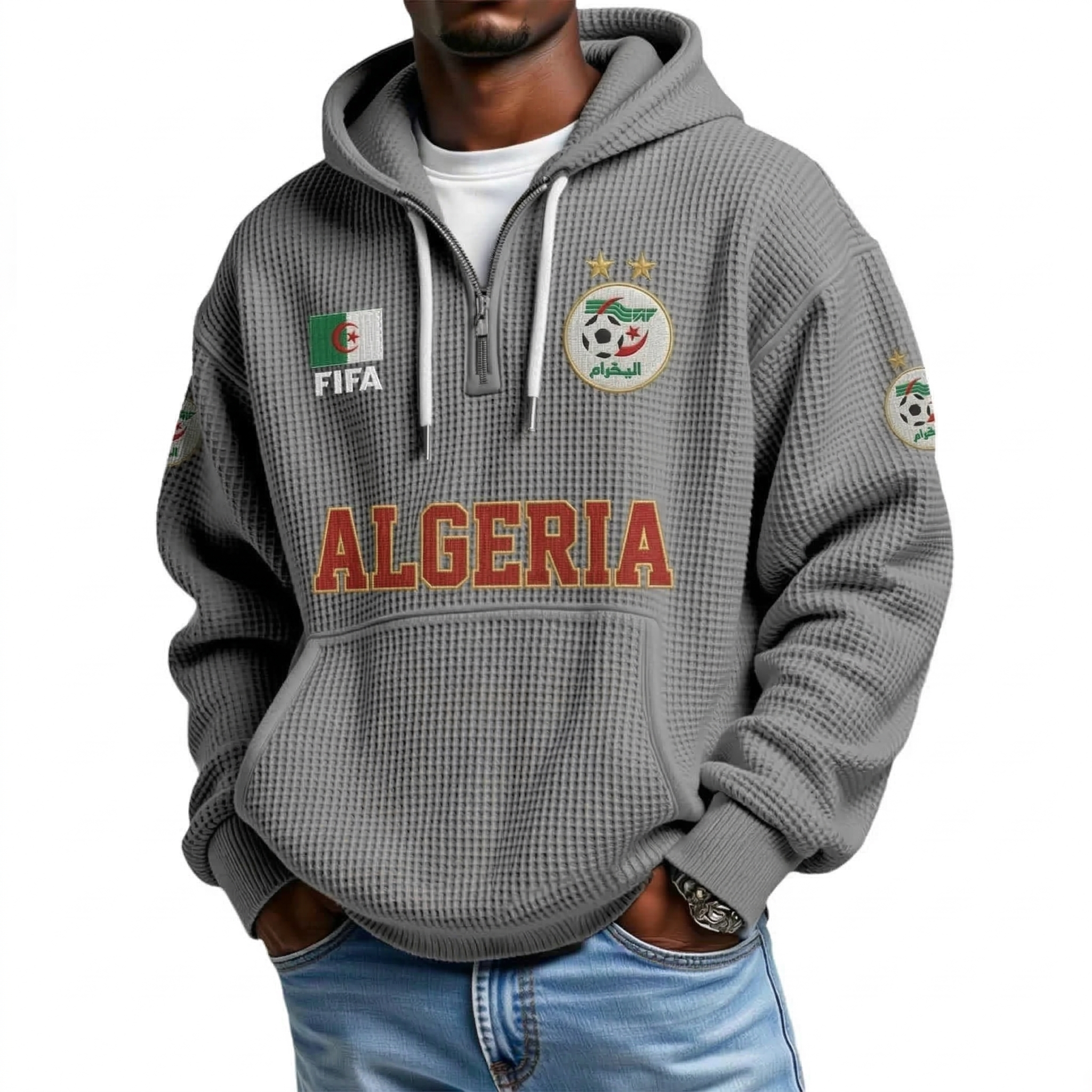 FIFA 2026 Algeria Printed Waffle Quarter Zip Football Fan Hoodie