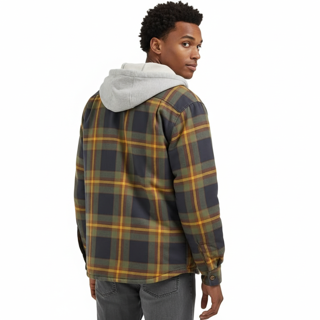 Men's Long Sleeve Quilted Lined Flannel Shirt Jacket with Hood