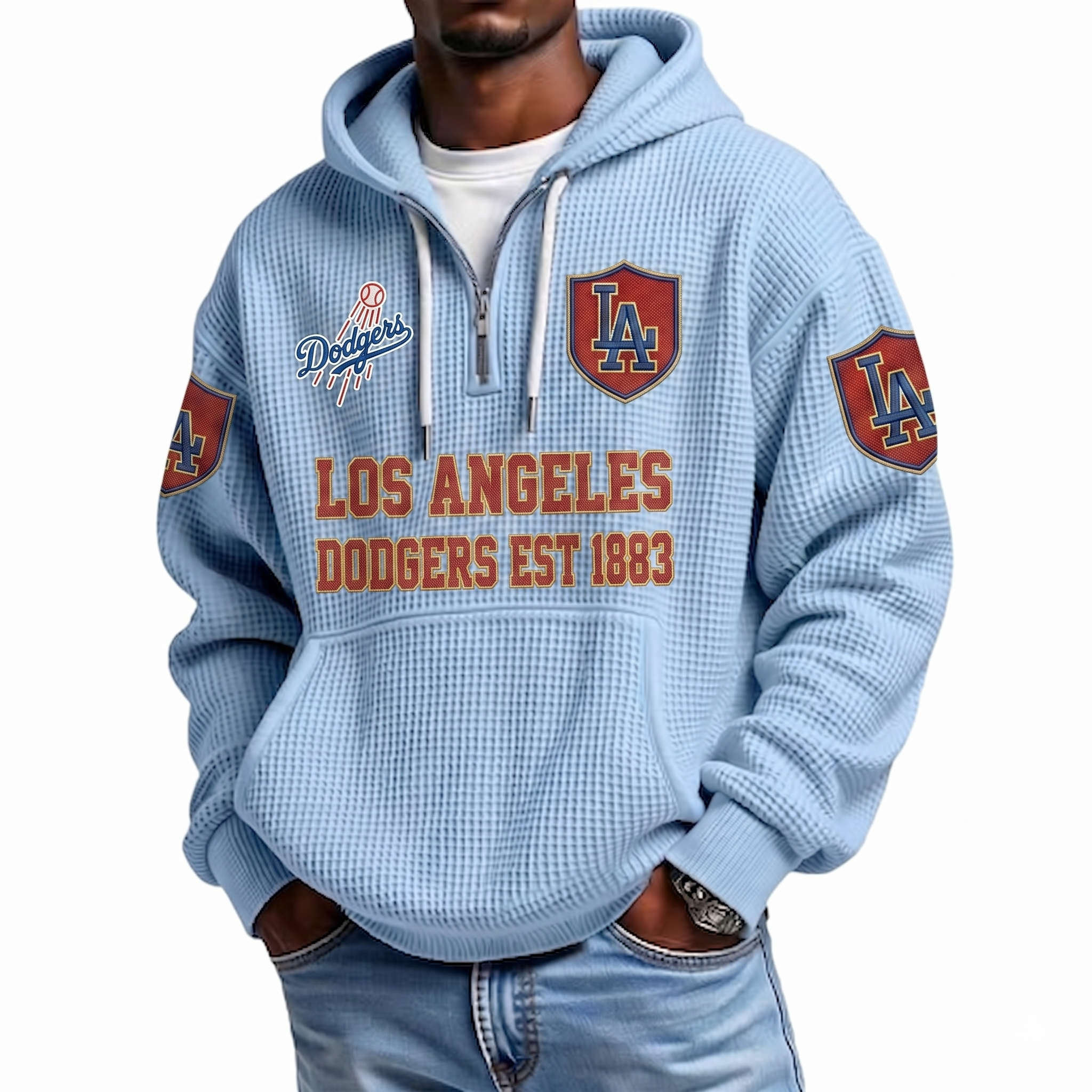 Los Angeles Dodgers EST 1883 Printed Waffle Quarter Zip Baseball Fan Hoodie