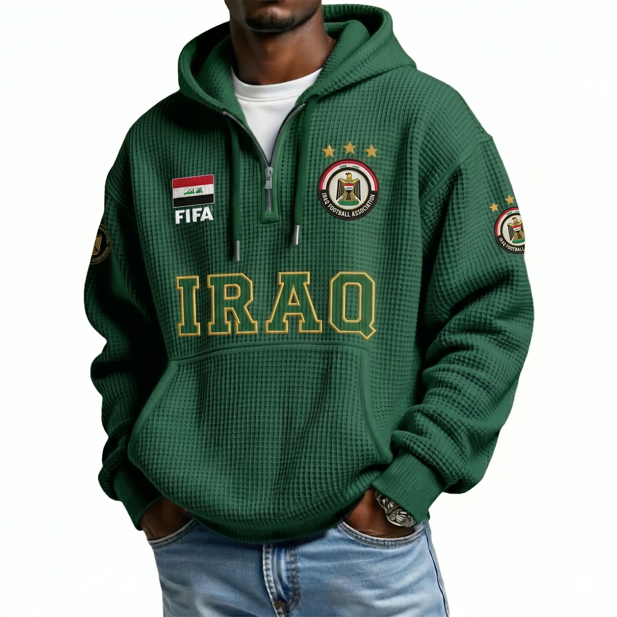 FIFA 2026 Iraq Printed Waffle Quarter Zip Football Fan Hoodie