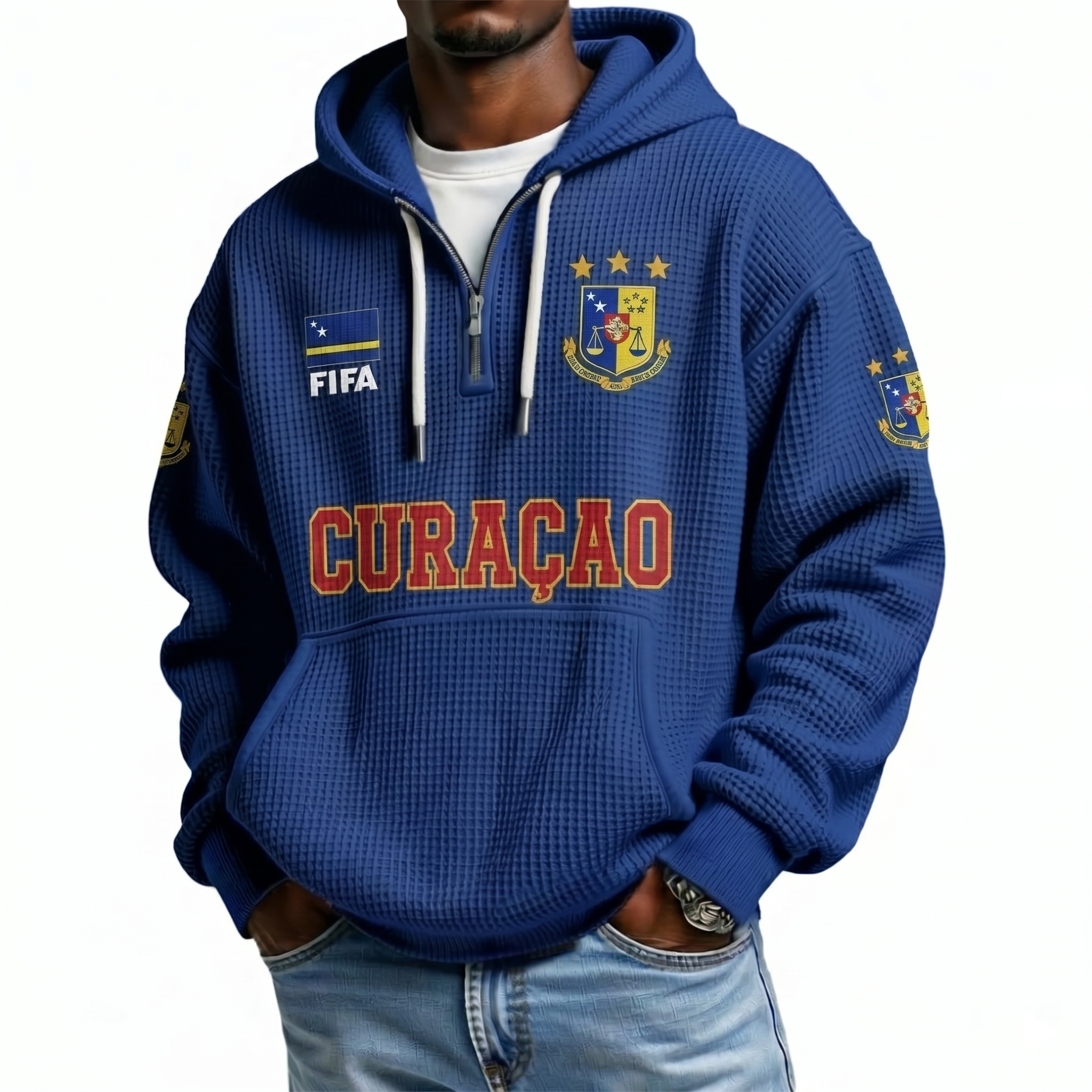 FIFA 2026 Curaçao Printed Waffle Quarter Zip Football Fan Hoodie