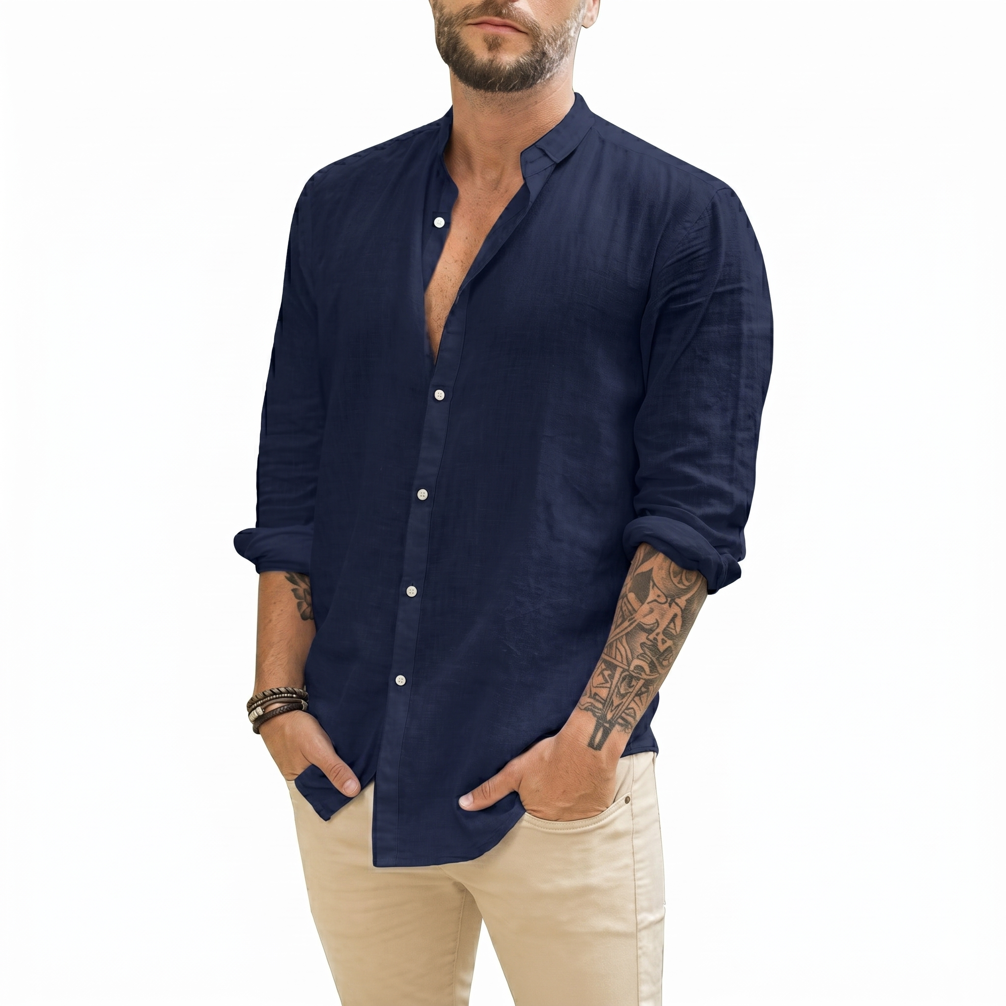 Button Down Long Sleeve Beach Wear Shirts For Men With Band Collar