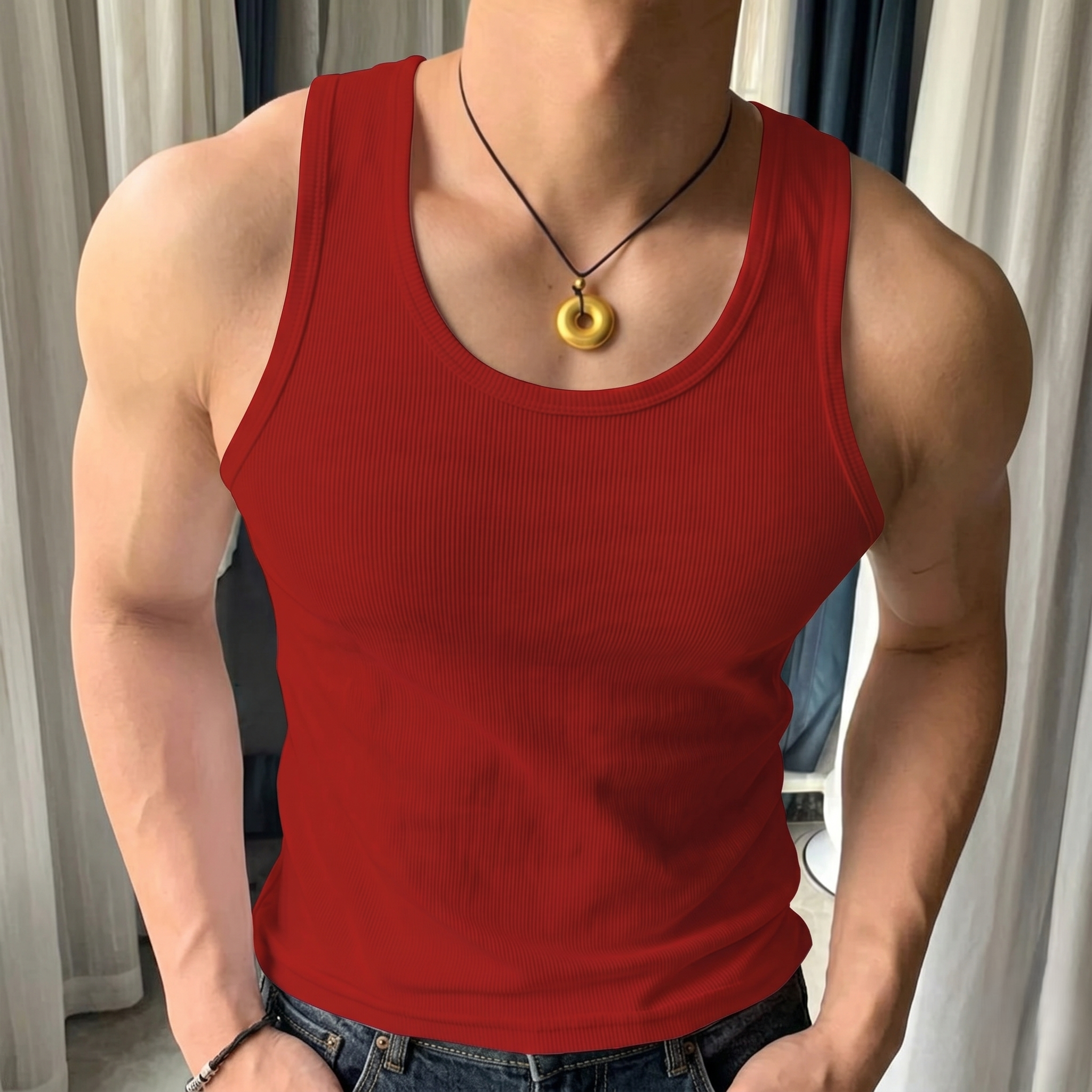 Solid Color Ribbed Round Casual Vest For Men