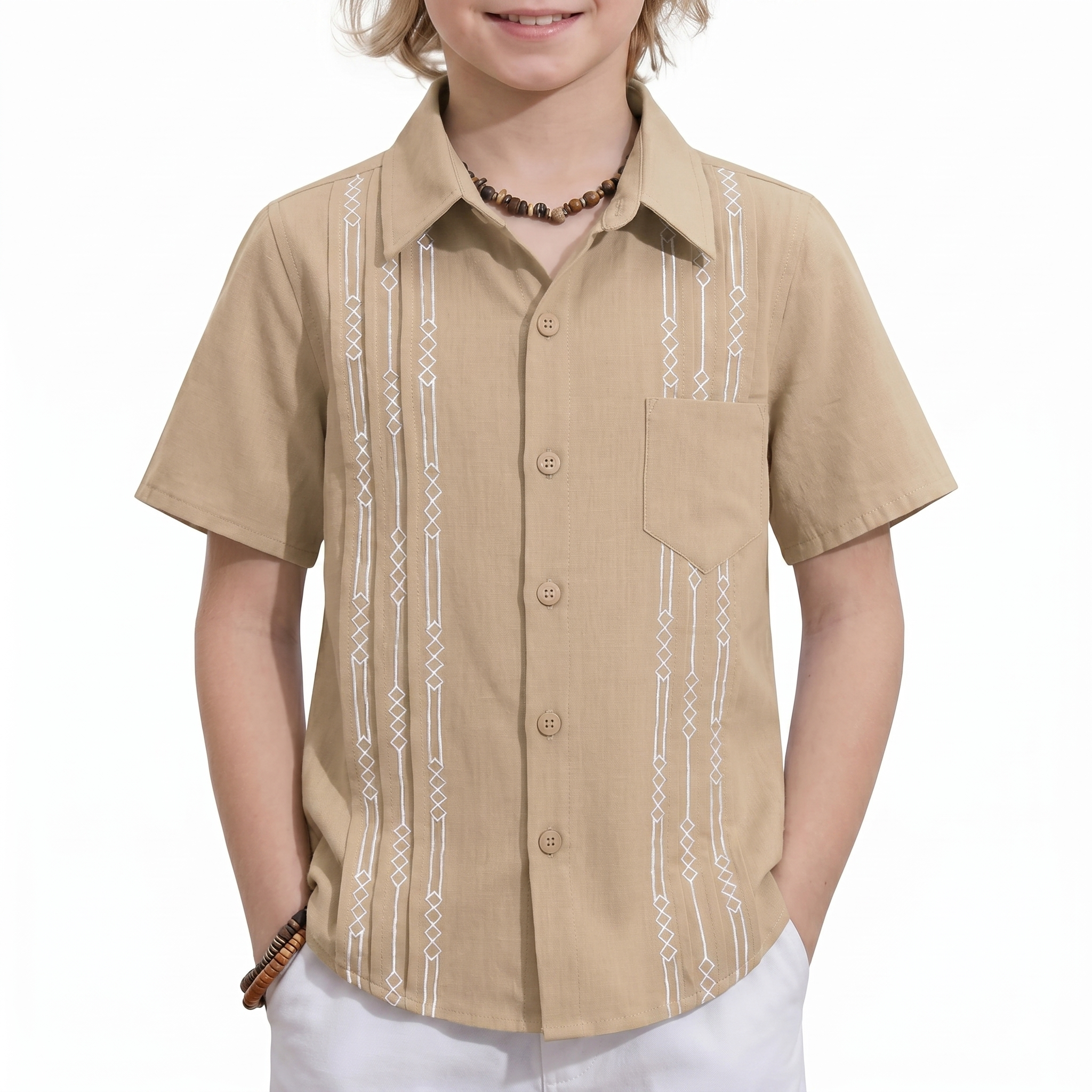 Summer Beach Shirt With Guayabera Design And Pocket For Boys