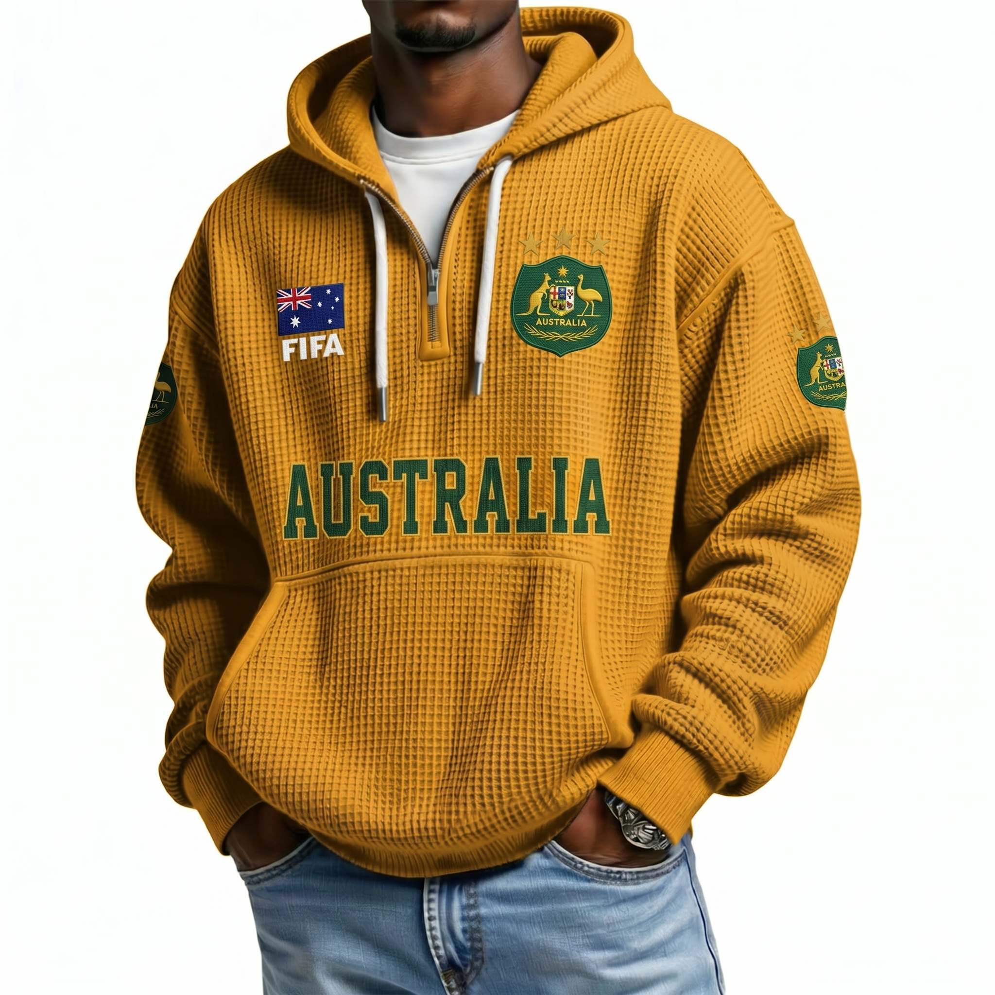 FIFA 2026 Australia Printed Waffle Quarter Zip Football Fan Hoodie