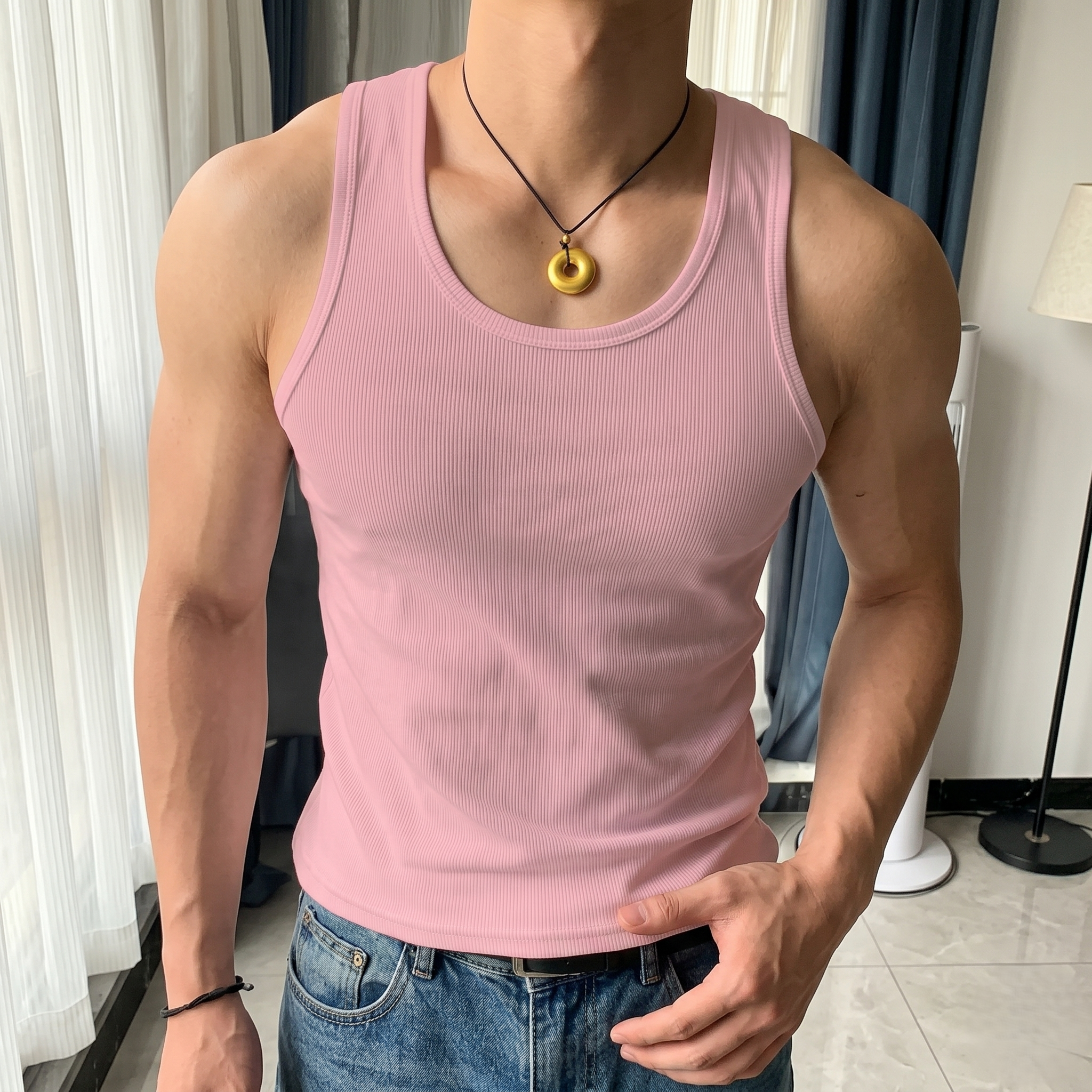Solid Color Ribbed Round Casual Vest For Men