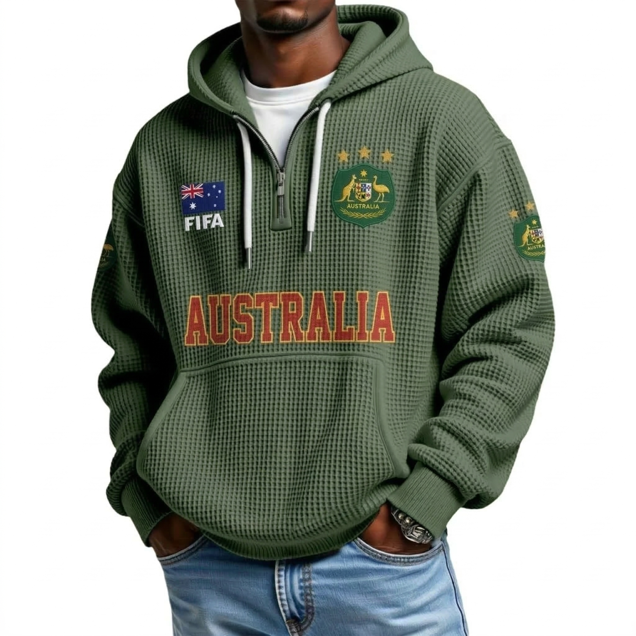 FIFA 2026 Australia Printed Waffle Quarter Zip Football Fan Hoodie