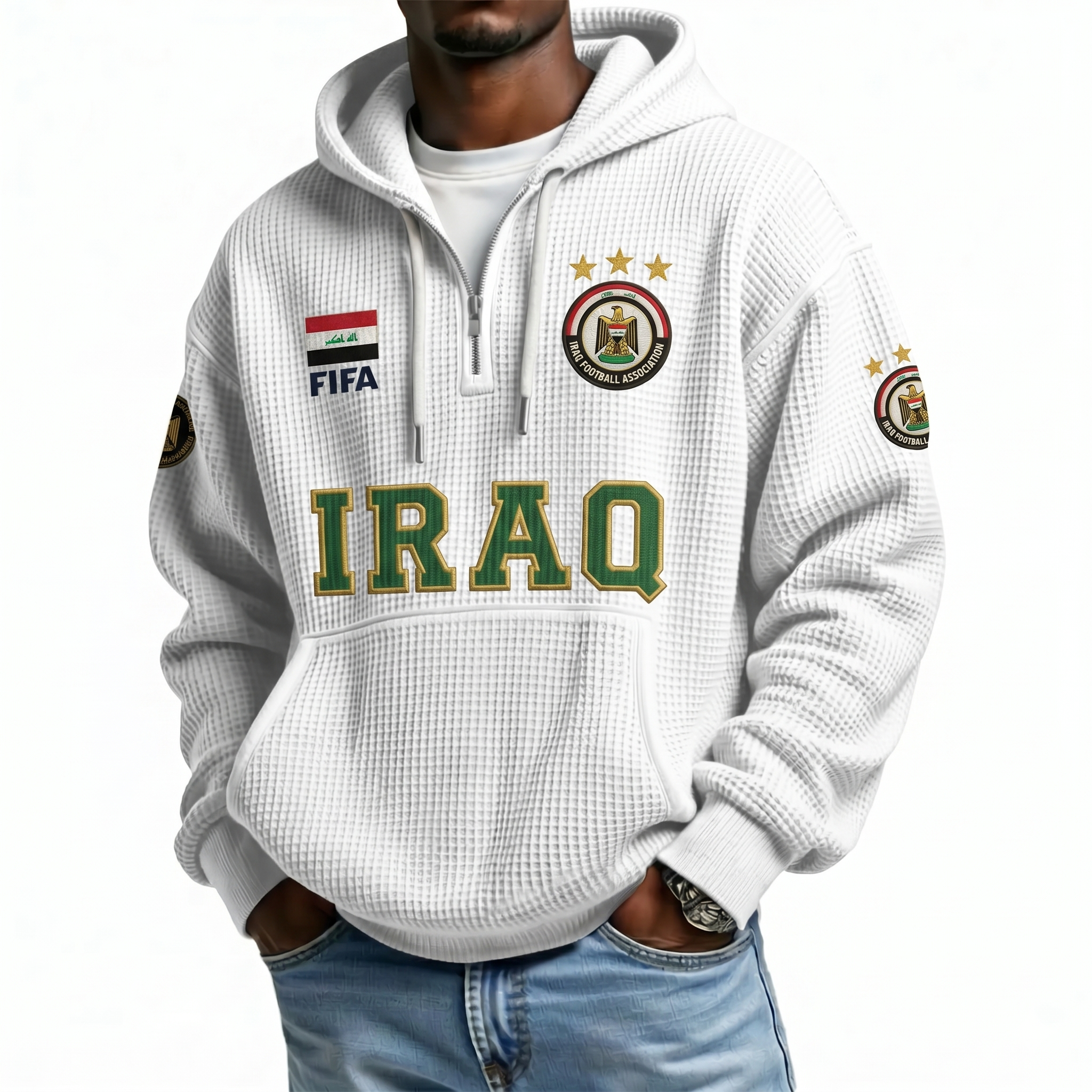 FIFA 2026 Iraq Printed Waffle Quarter Zip Football Fan Hoodie