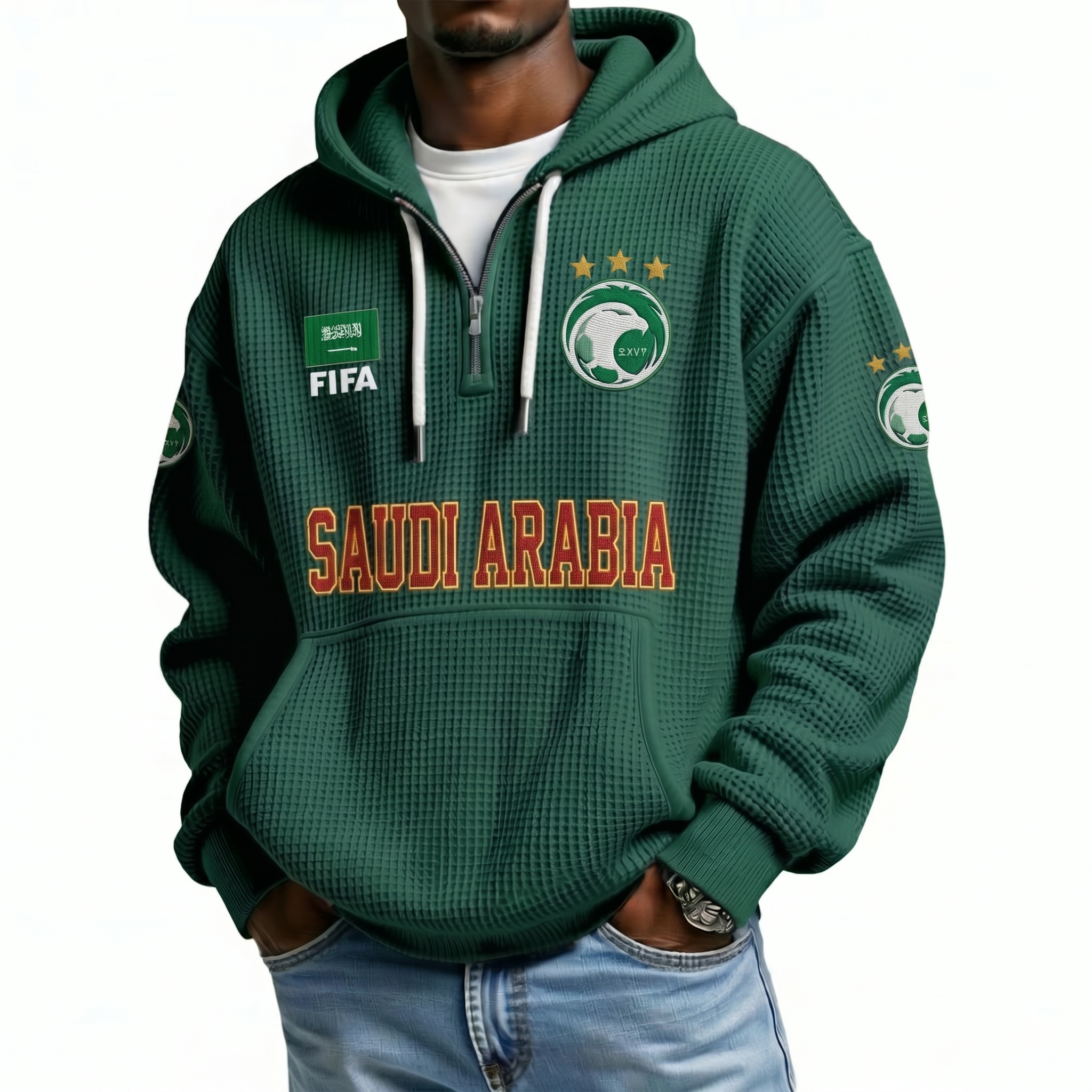 FIFA 2026 Saudi Arabia Printed Waffle Quarter Zip Football Fan Hoodie
